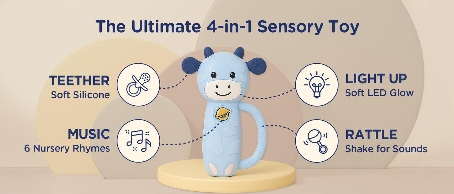 MooMoo Musical Baby Toy 4‑in‑1 Teether & Rattle, Light‑Up Sensory Toy with Music for 3–24 Month Infants, BPA‑Free, Easy‑Grip Handle, Ages 3 Months+ (Blue)