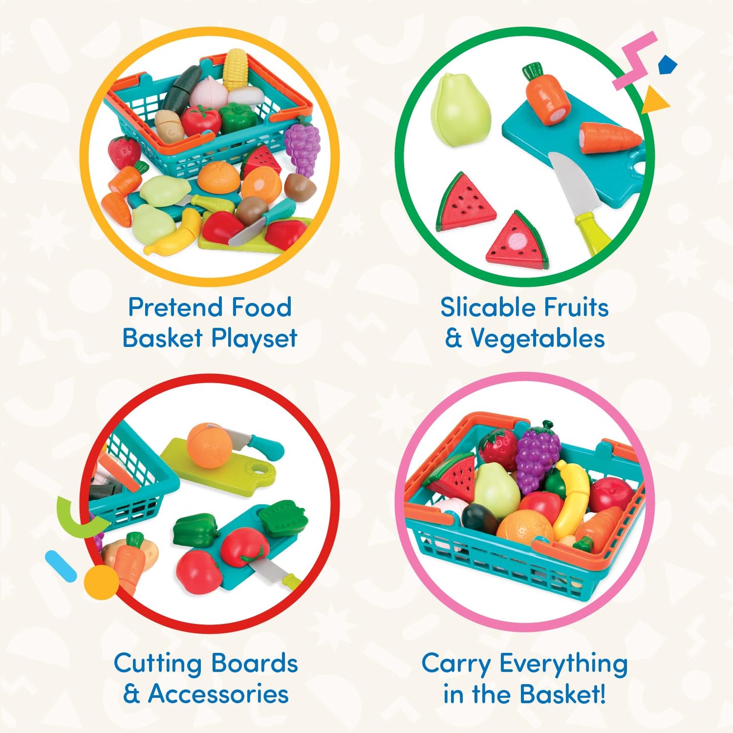 Battat – Play Food for Toddlers with Farmers Market Basket and Chopping Board, Toy Food for Kids Kitchen and Pretend Play for 3+ Years (37 Pieces)