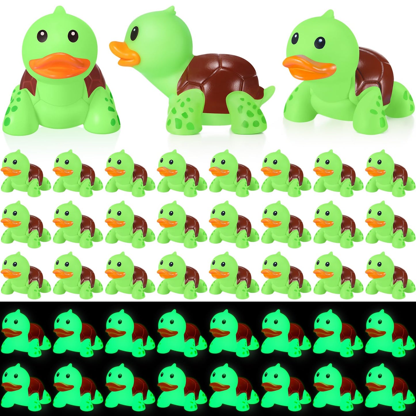 HyDren 50 Pcs Rubber Turtle Duck Glow in The Dark Cute Duck Bulk Mini Squeaky Rubber Toys Floating Bathtub Favors Gifts for Sea Carnival Valentine's Day Beach Party Decor(Green)
