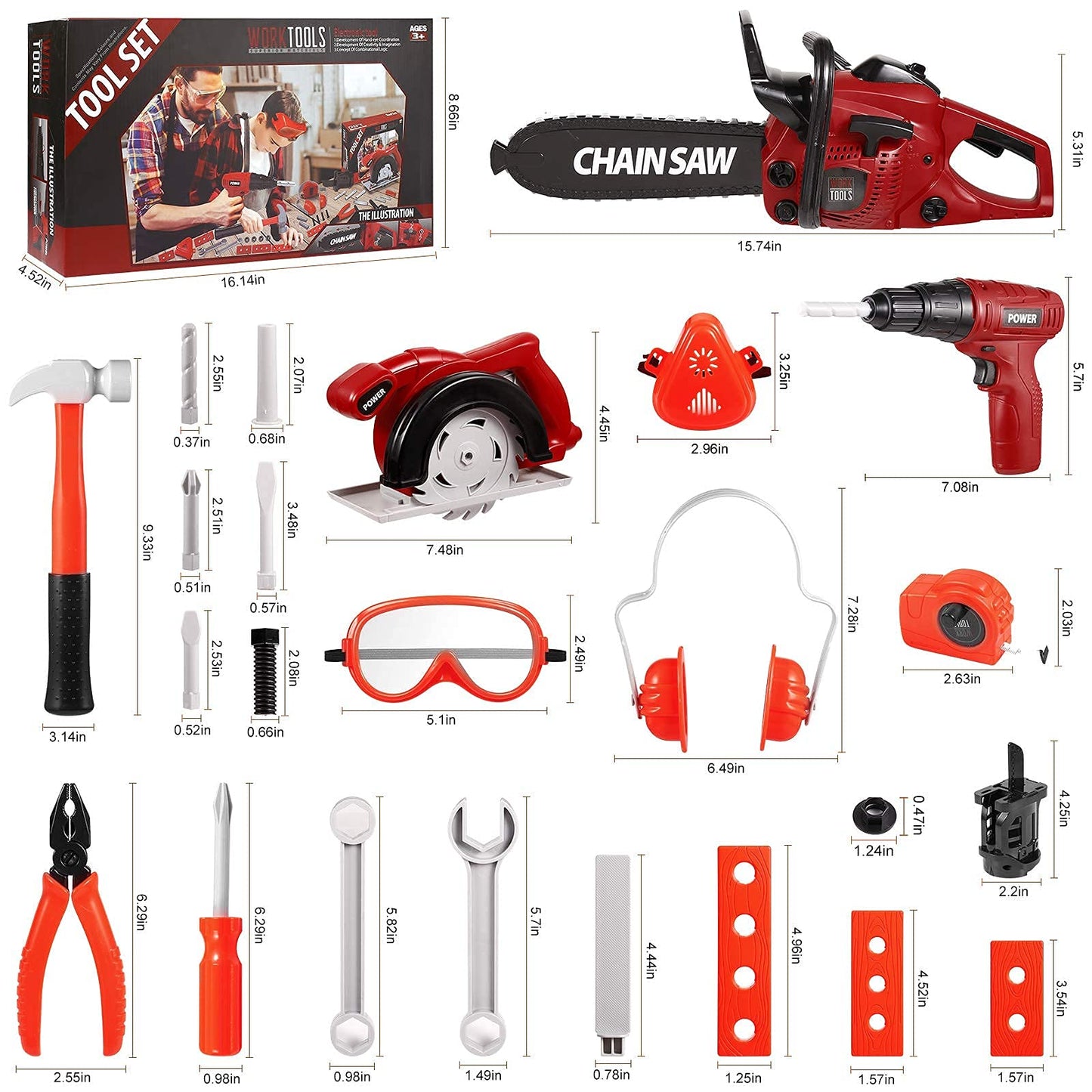 Vextronic Kids Tool Set 36 PCS with Toy Chainsaw Electronic Toy Drill with Sound and Light, Pretend Play Kids Tool Box Construction Toy, Great Toy Tool Set for Toddlers Boys Girls Ages 3+