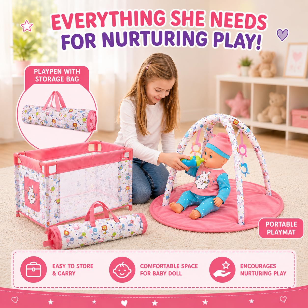Liberty Imports Kids 18-Piece Newborn Talking Baby Doll Stroller Nursery Role Play Set w/ Playpen, Play Mat, Potty Training, Accessories (14" Doll Included)