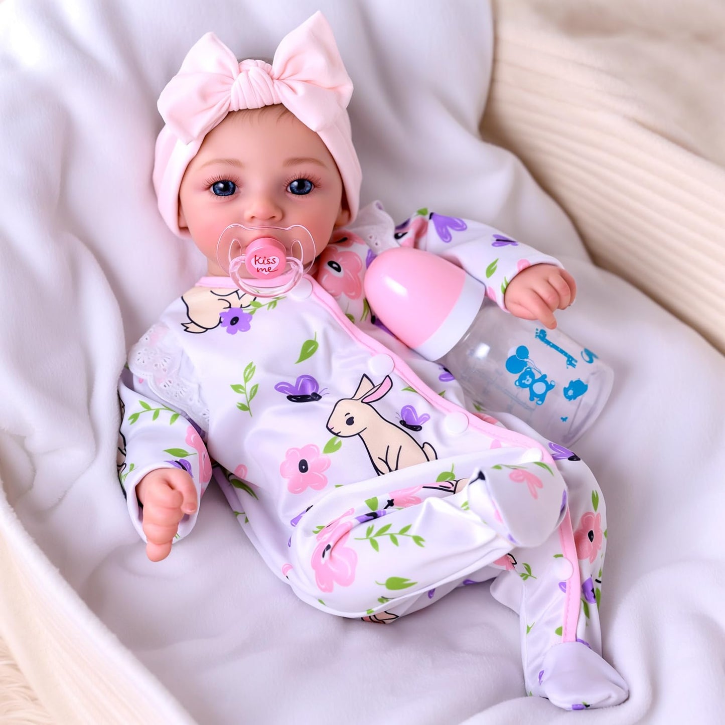 BABESIDE 18-Inch Reborn Baby Doll Girl – Realistic Lifelike Bebe Reborn de Silicona with Bunny Outfit, Magnetic Pacifier, Bottle, Diaper & Birth Certificate, Real Life Baby Dolls Gift for Kids Ages 3+