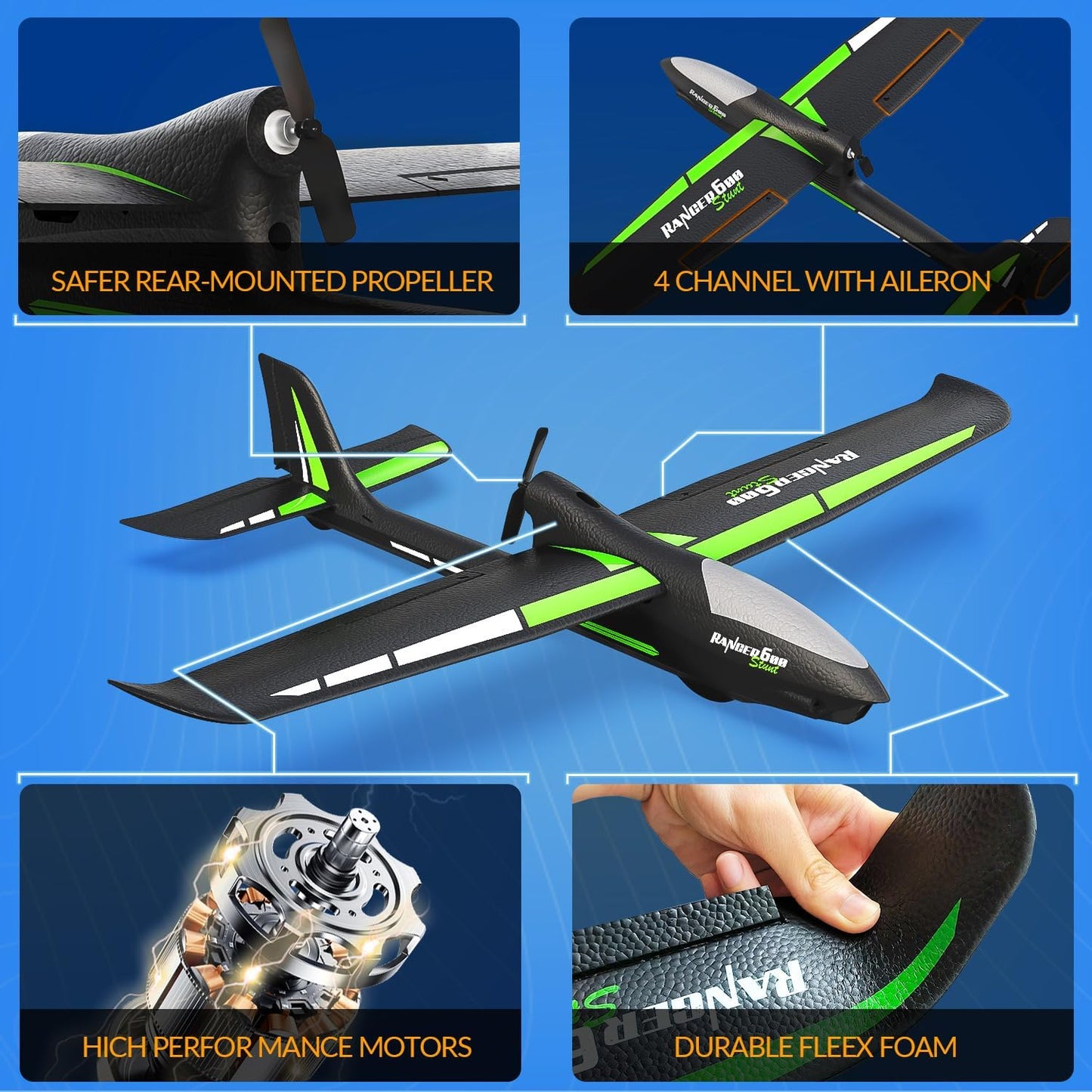 volantexrc RC Plane, 4CH Remote Control Glider Airplane RTF with 6-Axis Gyro, 3 Modes & Aerobatics Easy to Fly, 2.4GHz Radio Controlled Aircraft for Beginners& Adults, Ranger600 Stunt, Black