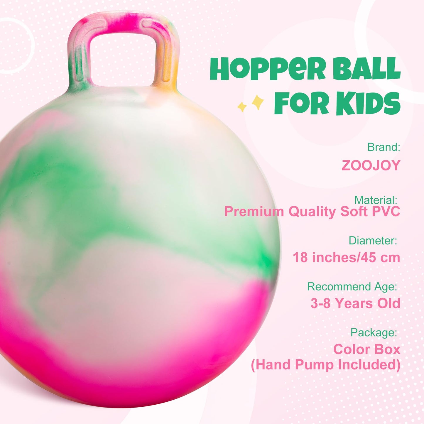 ZOOJOY Hopper Ball for Kids, 18 Inch Bouncy Ball with Handle, Inflatable Clouds Girl Toys for Indoor Outdoor Active Play with Pump, Balance Hopping Gifts for Boys Girls 3-8 Yr Old