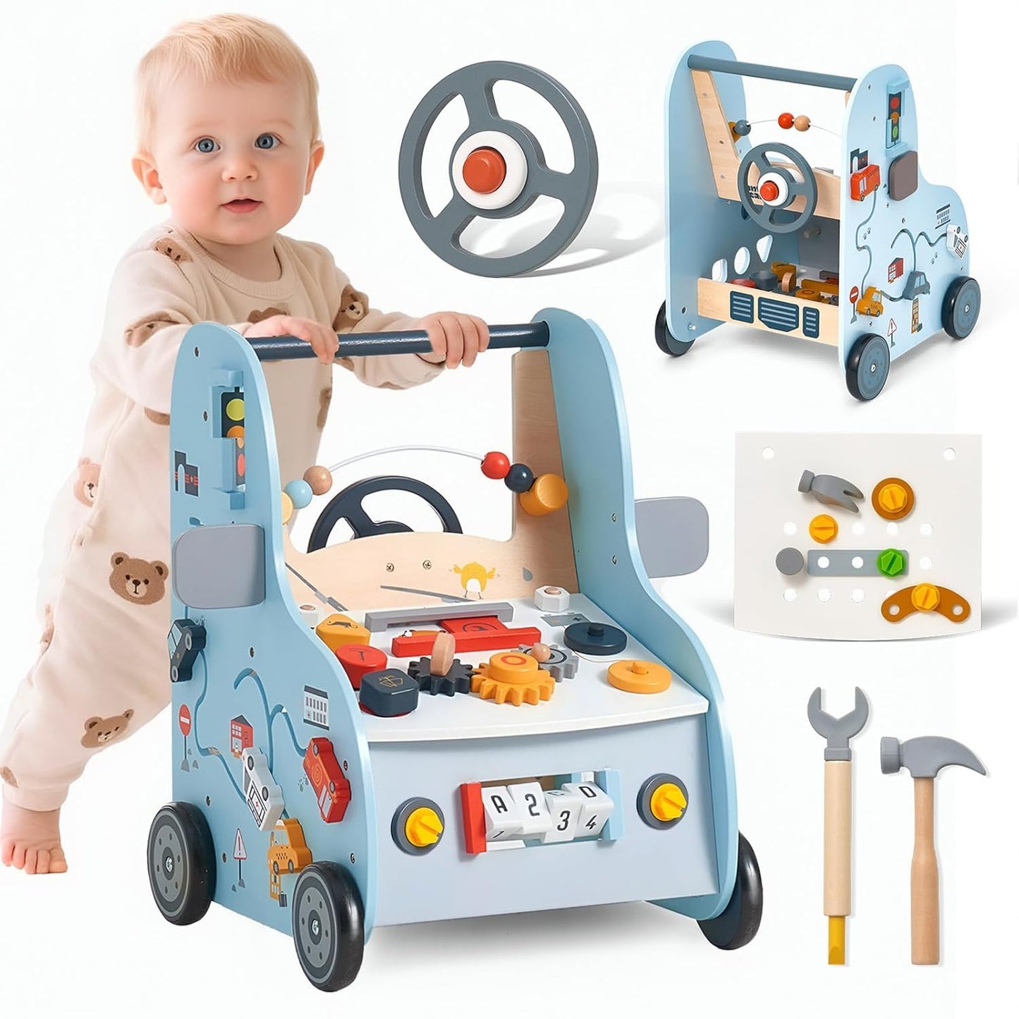 Giant bean 11-in-1 Wooden Baby Walker with Activity Center, Car Theme Montessori Walking Toy with Steering Wheel Tool Bench, Push Walker Speed Adjustable, Learning to Walk Gift for Toddler 1-6