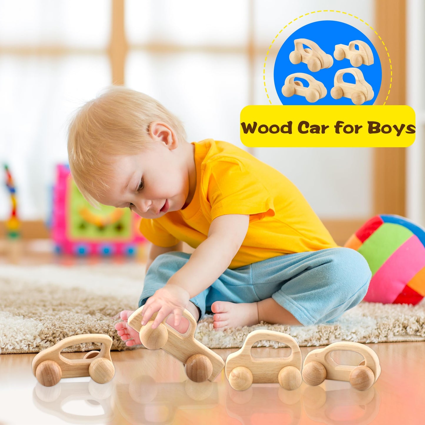 Fahacop 4 Pieces Wooden Toy Cars Mini Push Wood Truck Car Natural Wood Toys for Baby Toddler Birthday Party Gifts Nursery Decoration, 4 Styles