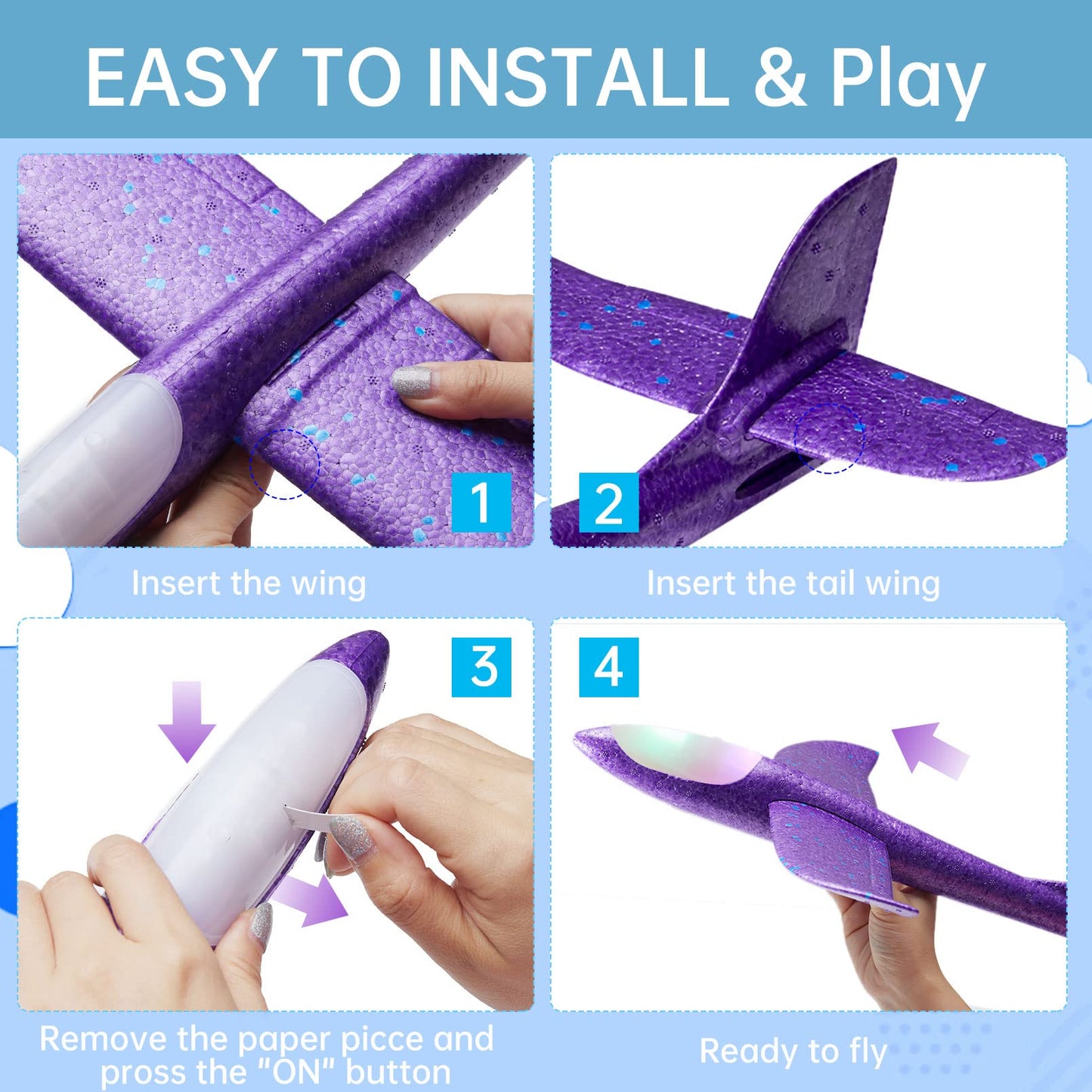 4 Pack LED Light Airplane Toys,17.5" Large Throwing Foam Plane,2 Flight Mode Glider Plane,Foam Airplane Flying Toys for Kids,Outdoor Sport Game Toys,Foam Glider Airplane,Gift Toys for Boys Girls