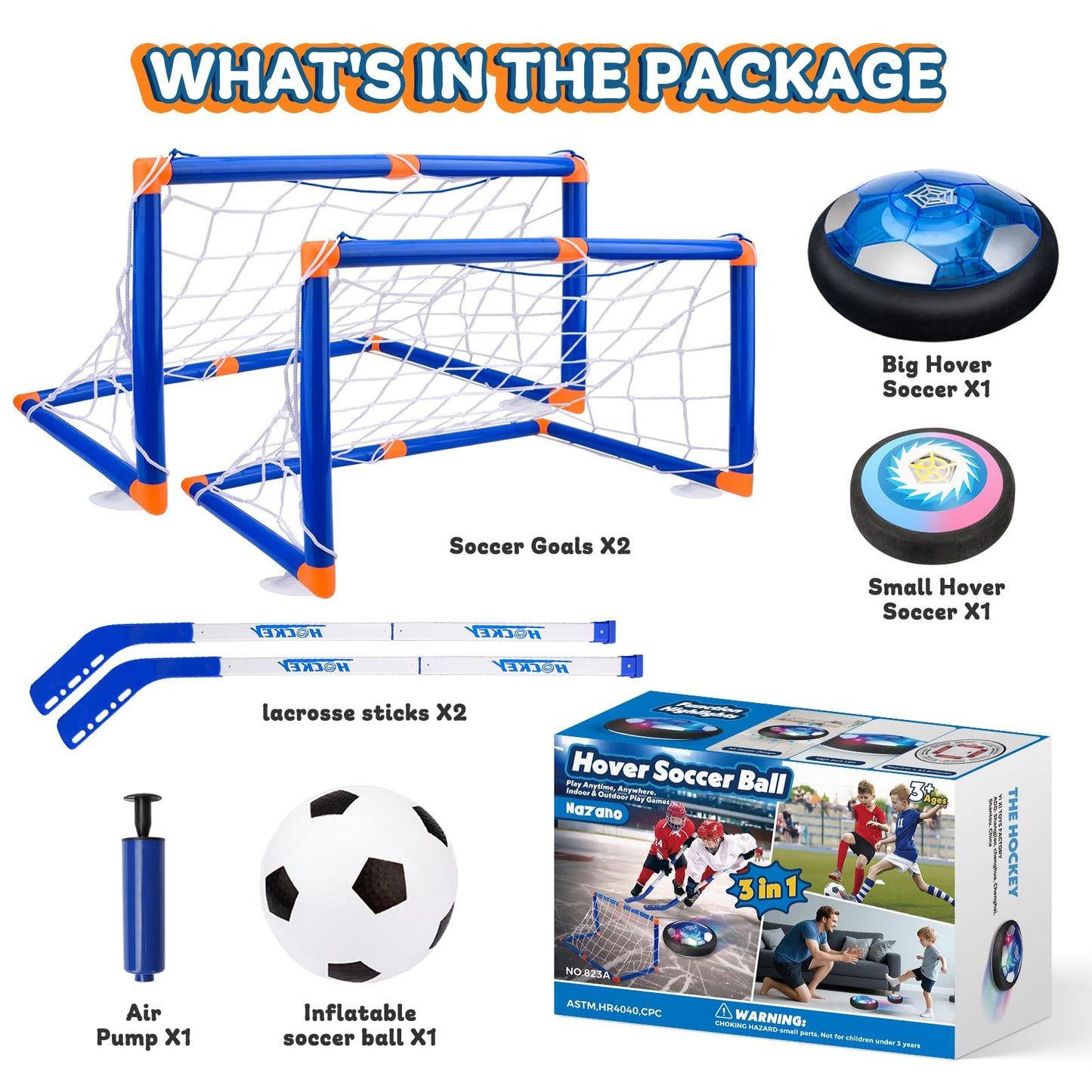 Nazano 3-in-1 Hover Soccer Ball Set for Kids, Gift for Boys 3-5 6-8, Hover Soccer Ball for Kids, LED Lights Indoor Outdoor Birthday Christmas Hockey Gifts for Boys
