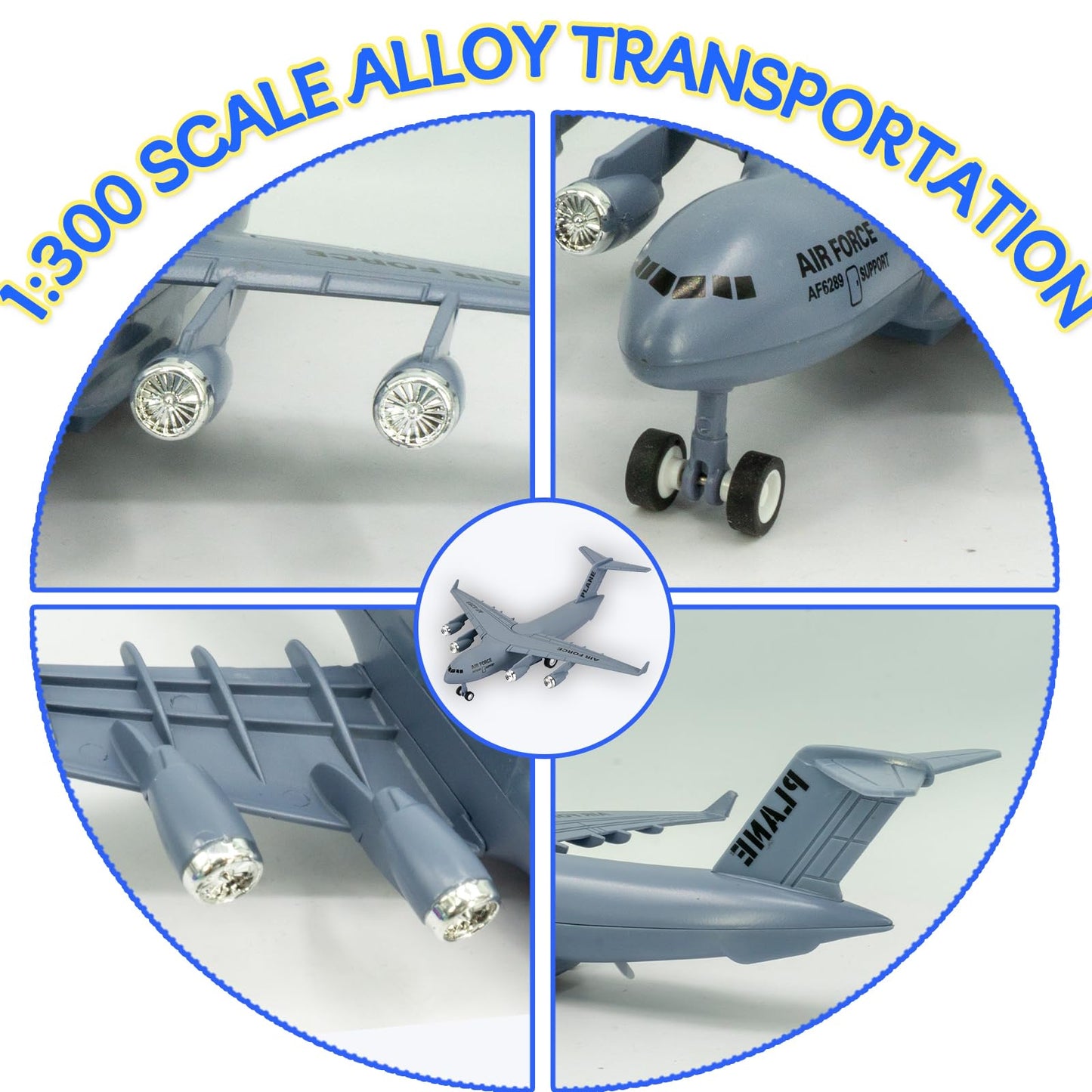 OTONOPI 8.3 Inches Diecast Plane Model Airplane with Army Man Pull Back and Let Go C17 6289 Alloy Transportation Aircraft Military Airbus with Lights and Sounds Toy Gift for Boys and Girls Age 3+