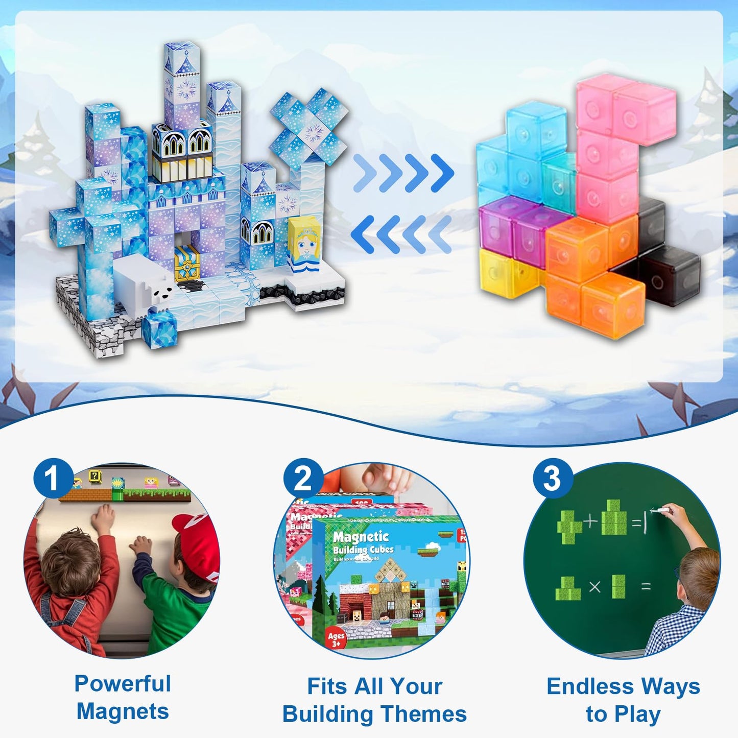 Fitrobust 200 Pack Magnetic Blocks for Kids, STEM Construction Toys with Forest Theme | Creative Educational Games for Ages 3, 4, 5, 6, 7, 8, 9, 10 | Ideal Birthday for Boys & Girls (ICE, Count, 200)