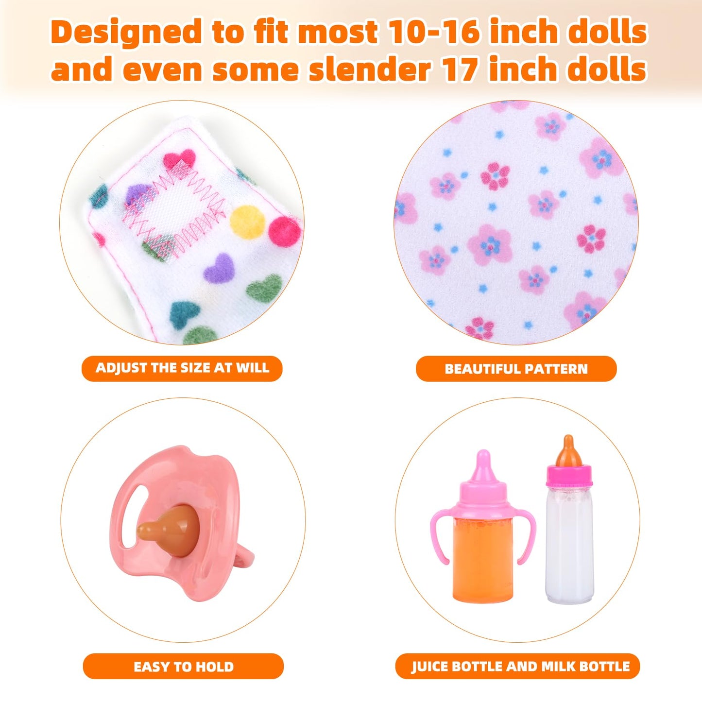 CARANOVO Baby Doll Accessories Set – 7 Pcs Feeding and Caring Set with Magic Disappearing Bottles, Pacifier, Diapers and Bibs Doll Pretend Play Gift for Kids