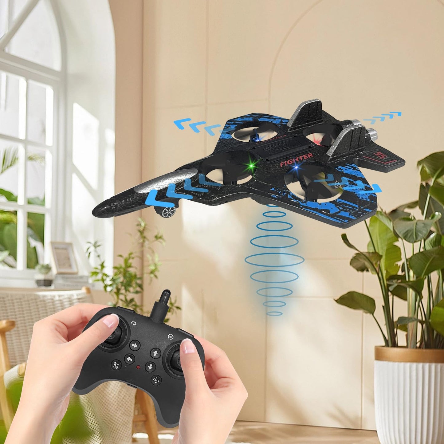 RC Airplane for Kids and Beginners, 2.4GHz Form Drone Remote Control Airplane with 2 Batteries, 360° Drop-Resistant Stunt Spin Remote Fighter Jet with Lights Outdoor Flying Toy (Blue)
