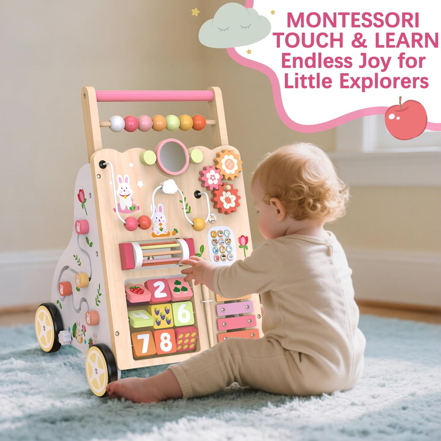 Baby Push Walker, Wooden Baby Walker with Wheels, Montessori Activity Center for 1 2 3 Years Old Boys Girls, Adjustable Speed & Height Push Toy for Toddler Learning to Walk, Kids Development Gift