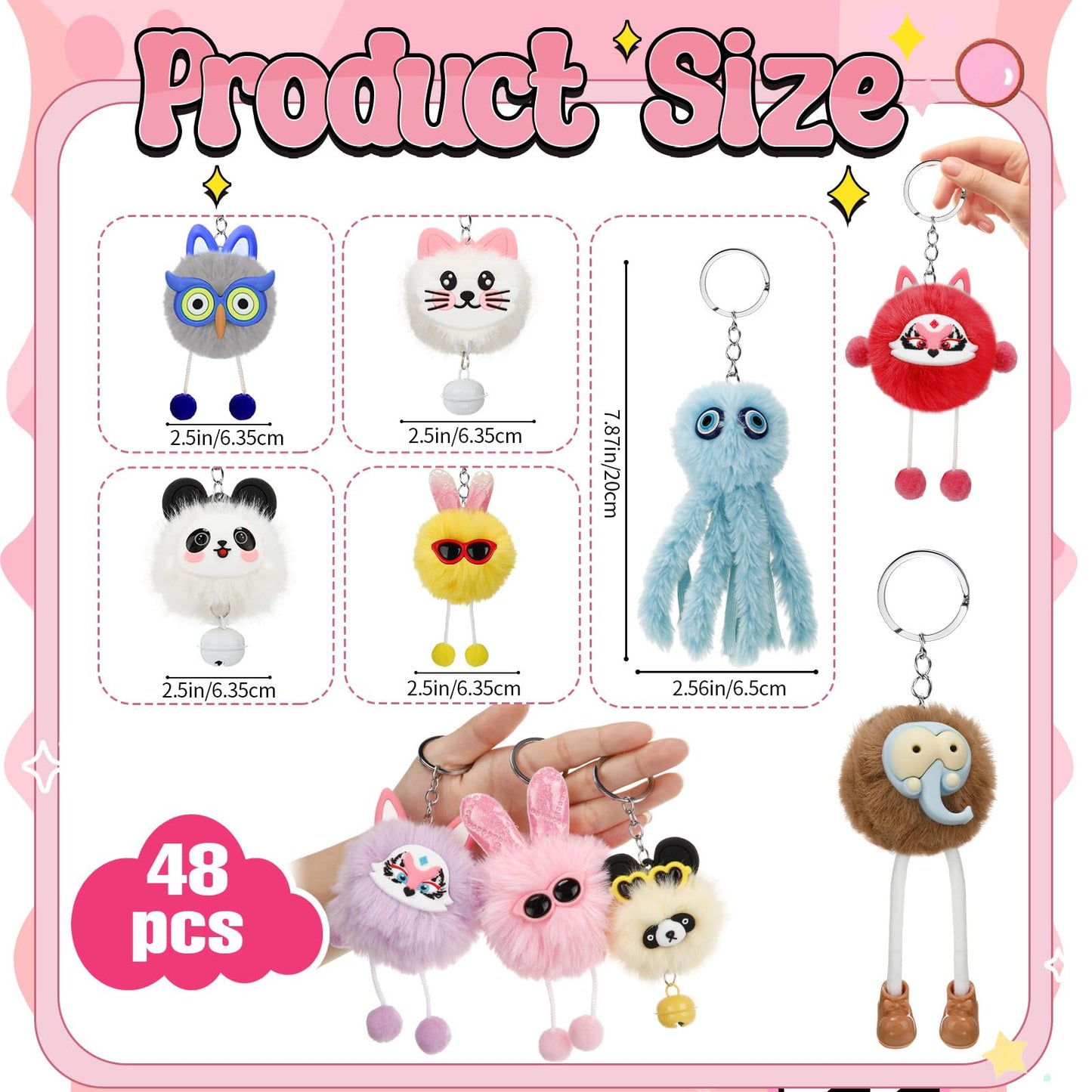 Equsion 48 Pcs Kawaii Keychains Bulk Cute Plush Keychains Fluffy Pompoms Balls with Tassels and Keyrings Key Chain Kawaii Party Favors for Birthday Goodie Bags Piñata Prizes(Funny)