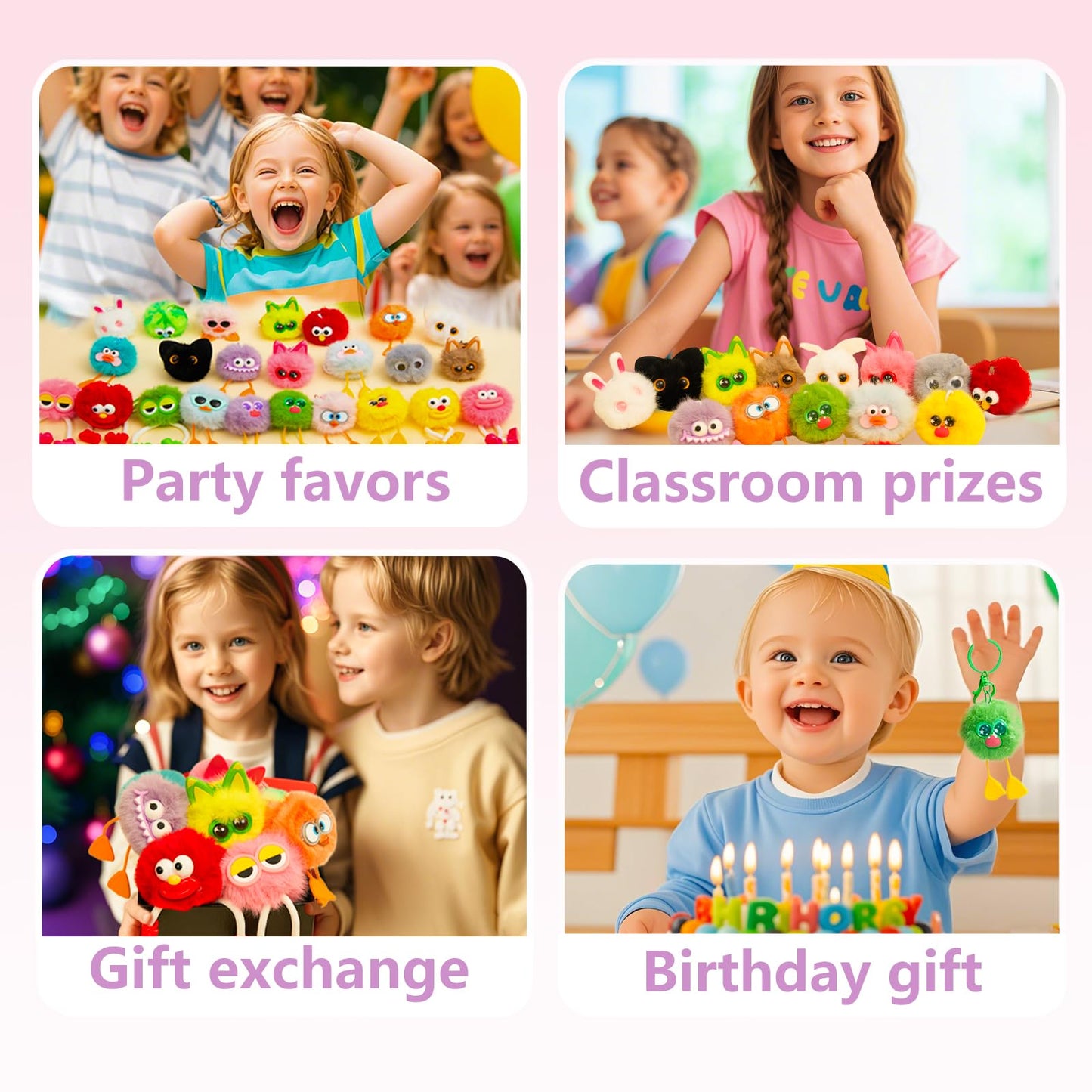 24 PCs Party Favors Keychains - Fuzzy Keychain Cute for Birthday Party Favors for Kids 8-12 Goodie Bags Stuffers for Kids End of Year Student Gifts from Teacher 5th Grade Graduation Gifts