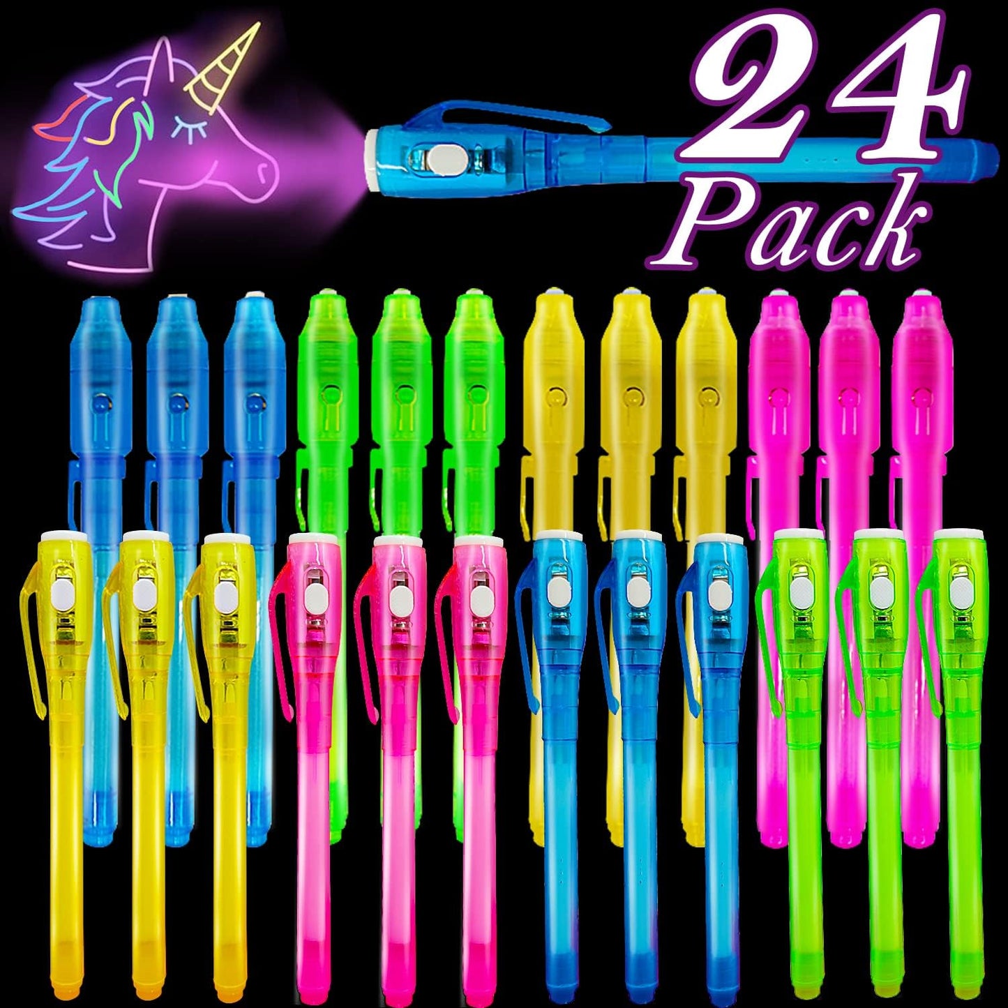 iGeeKid 24 Pack 2 Style Invisible Ink Pen with UV Black Light Secret Spy Pens for Secret Messages, Magic Disappearing Ink Markers School Supplies Kids Party Favors Boy Girl Exchang Patriotic