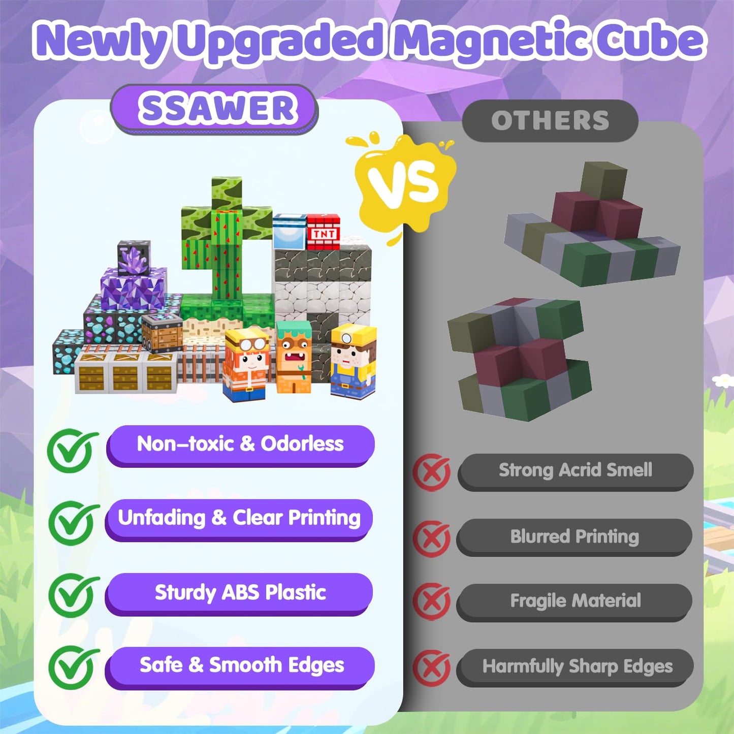 SSAWER Magnetic Blocks, 150PCS Magnetic Building Blocks, Stacking Magnets for Kids, Sensory Toy for STEM Constructions Magnet Blocks for Boys Girls Age 3+, Christmas Birthday Gifts