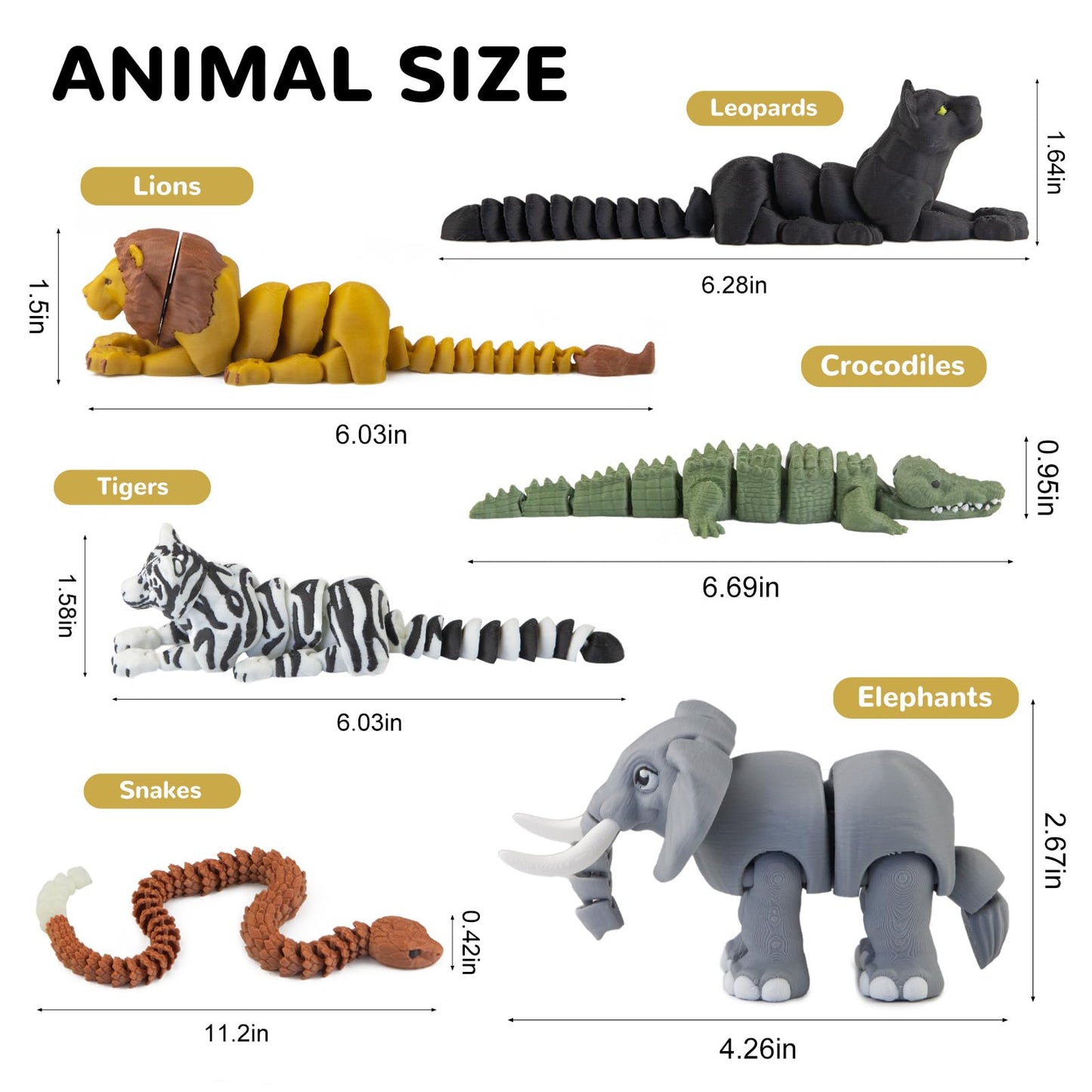 6PCS 3D Printed Safari Animals Figures Toys, Realistic Articulated Zoo Animal Toys Educational Learning Fidget Toy Cake Toppers Birthday Gift Party Favors Toy for Toddlers Kids Boys Girls