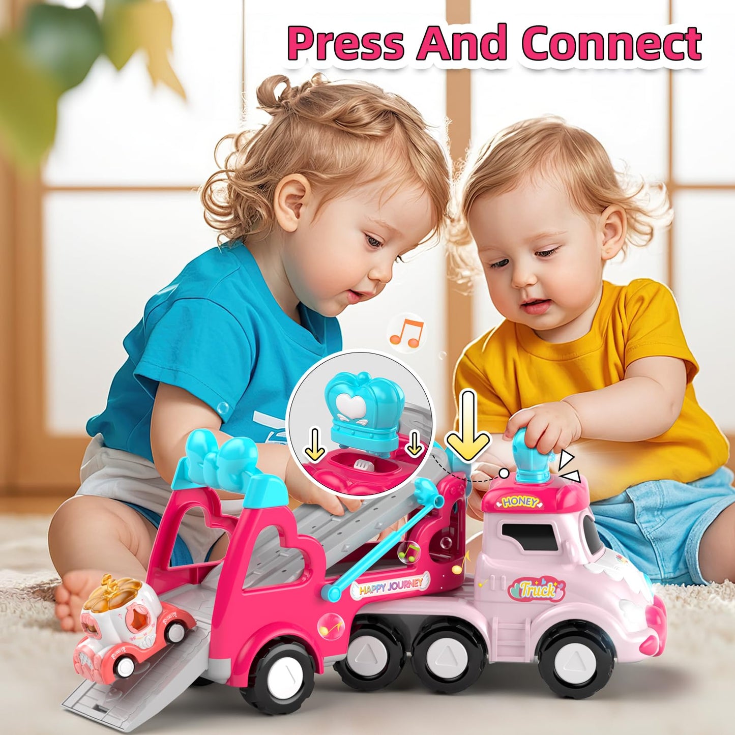 usrela Truck Toys for 2 3 Year Old Girl, 7-in-1 Carrier Truck Car for Toddler Girl, Toys Cars Age 2-3-4 with Light & Music, Birthday Gifts for 2+ 3+ Year Old Girls