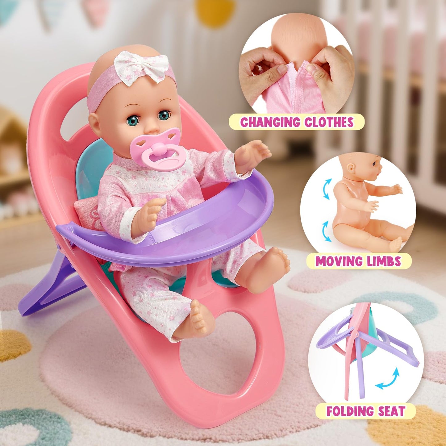 Golray 12 in Baby Doll Toys Set with Stroller for 3 4 5 6 Year Old Girl - 26pcs Babydoll with Accessories Quilt Pillow/Highchair/2 Clothes, Feeding Nursing Pretend Play Toddler Girl Toy Gift 3-5-7