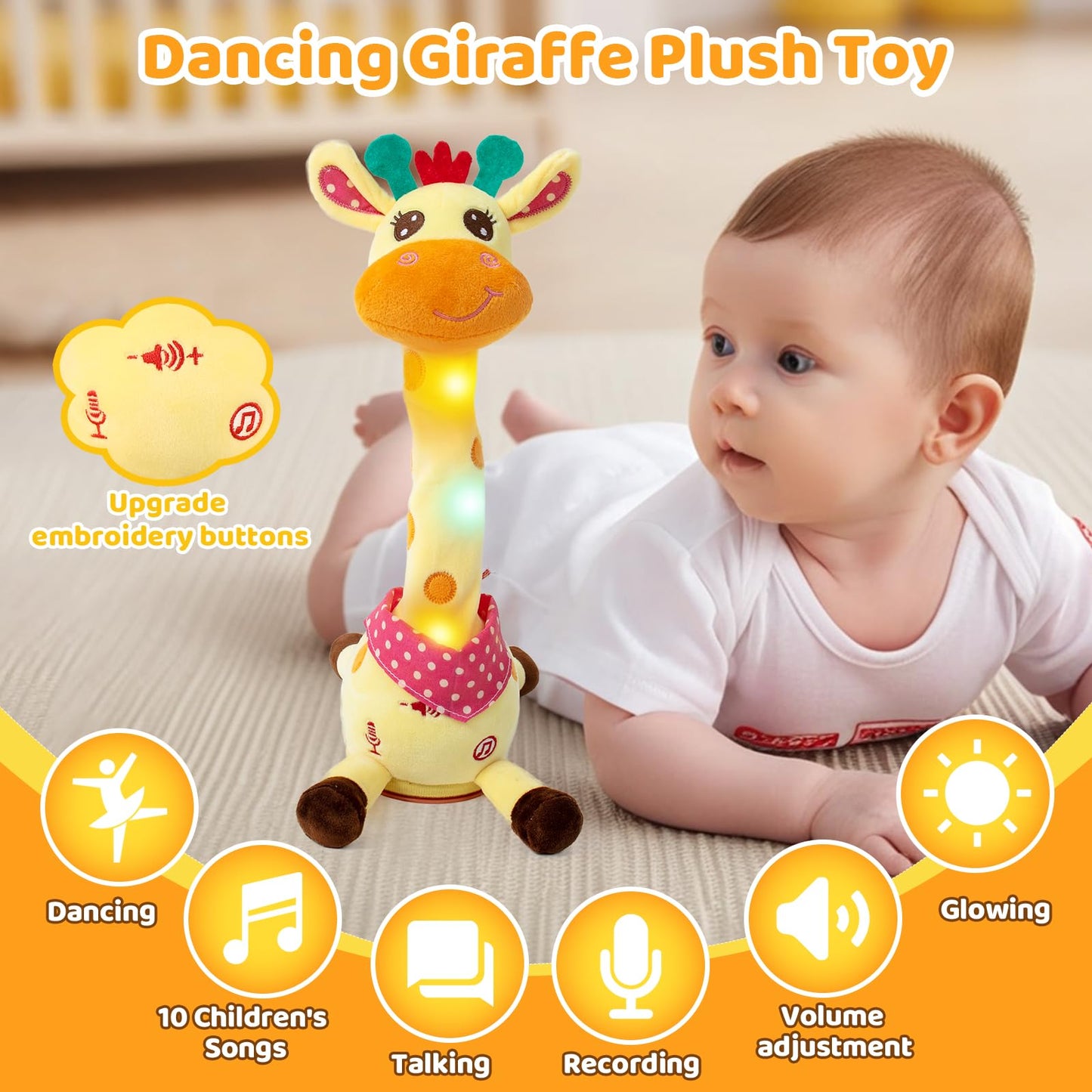 Emoin Dancing Giraffe Toy, Tanlking Giraffe Toys Musical Mimicking Toy, Singing 10 Pcs Songs for Baby Boys Girls, Repeating What You Say, Sing+Dancing+Recording+LED