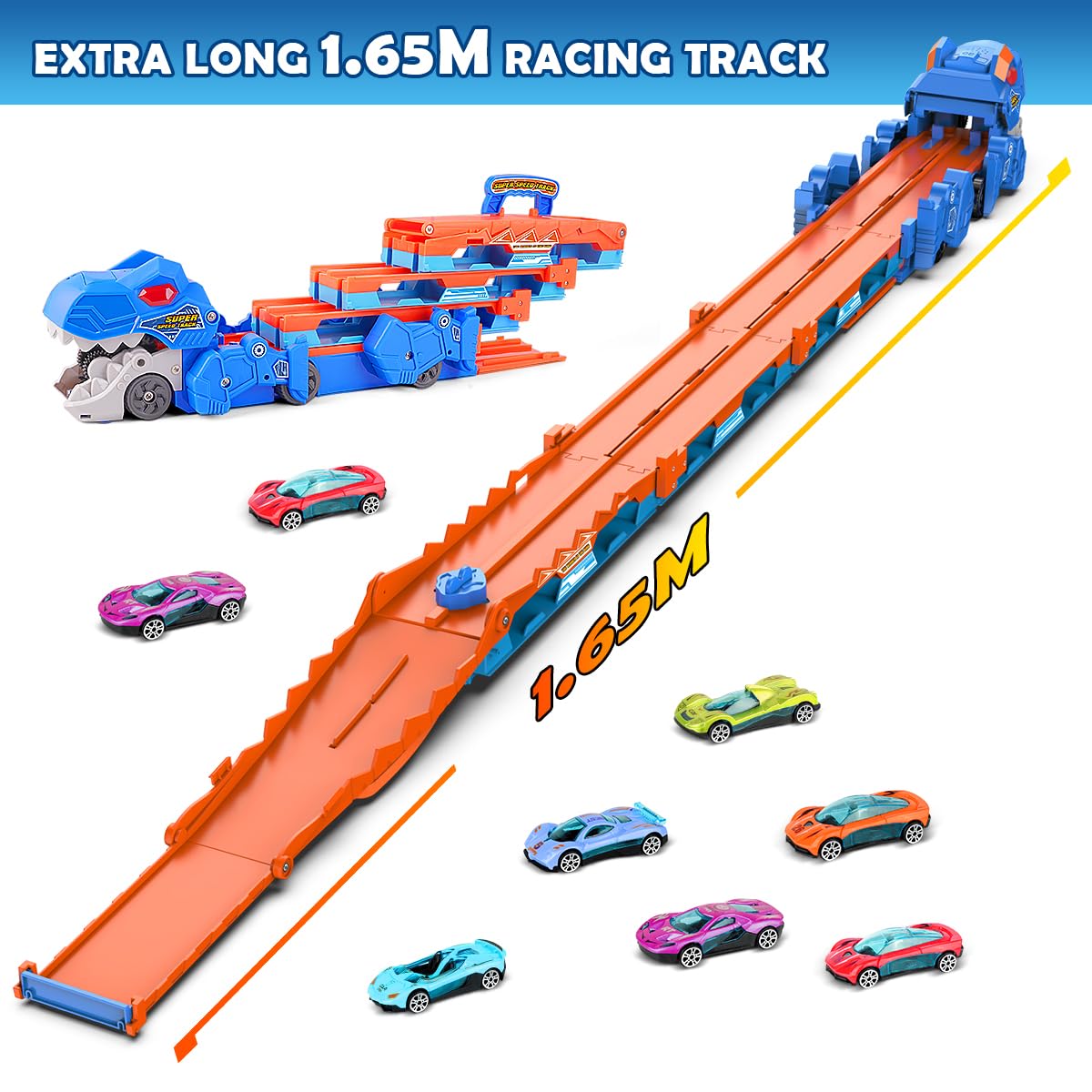VATOS Toddler Truck Toy - Ejection Folding Dinosaur Track, Portable Truck Car with 8 Race Cars, Best Gift Toy Cars Set for Toddlers 3 4 5 6 7 Years Old