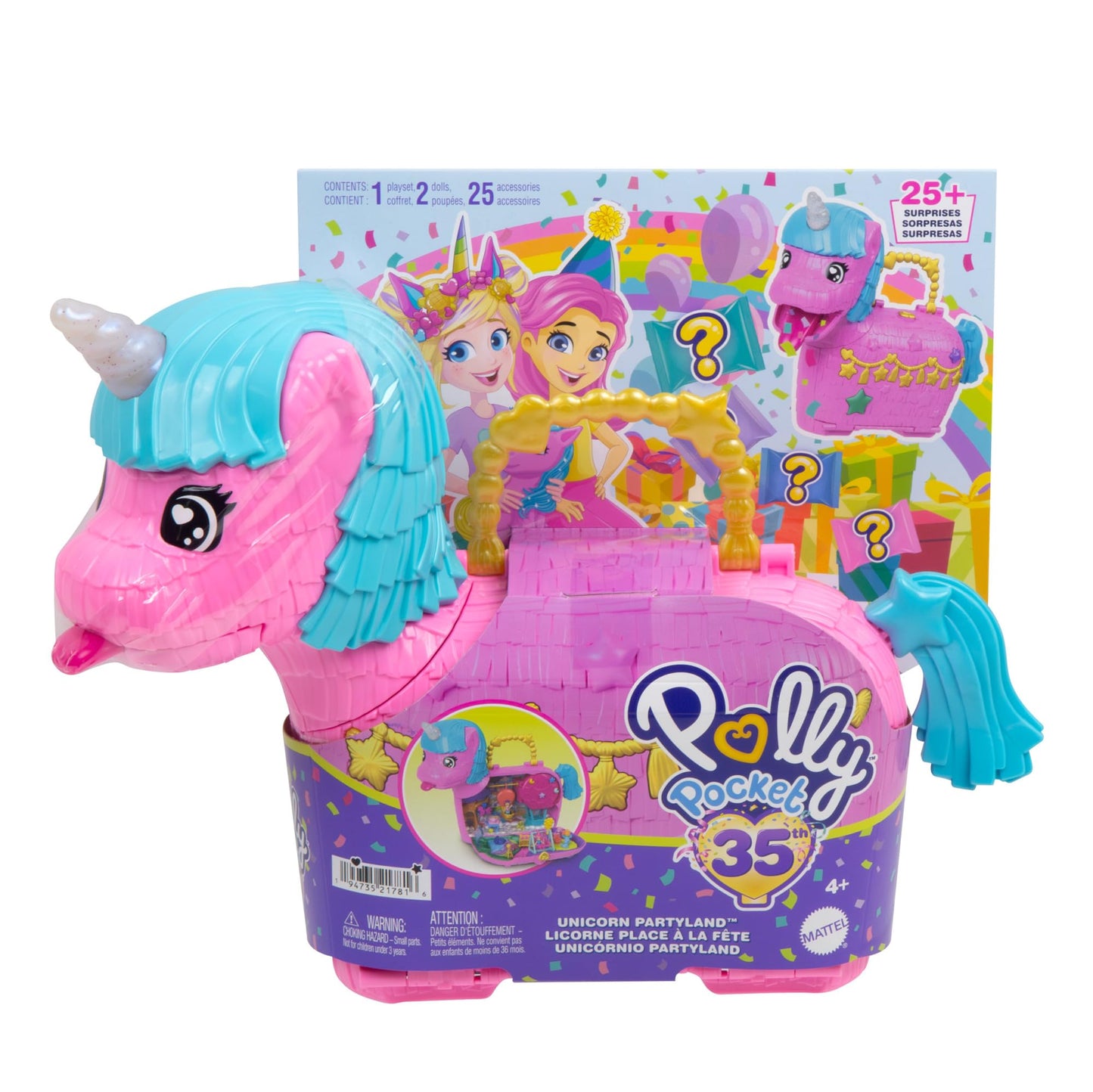Polly Pocket Unicorn Partilandia Pinata Pencil Case with 2 Mini Dolls & 25 Party Themed Accessories, Toy +4 Years (HYD96)