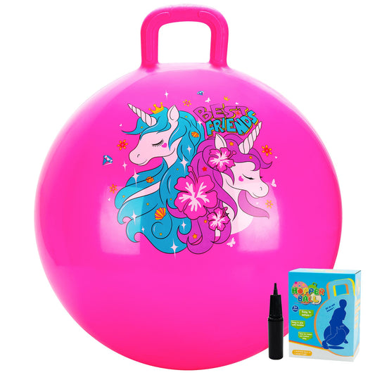 U&C Planet Hopper Ball 20 inches Bouncy Ball with Handle for Kids Age 5 6 7 8 9, Sit on Bounce Jumping Hopping Toy with Pump, Great Toddler Girls Toys for Birthday Gifts, Pink Unicorn