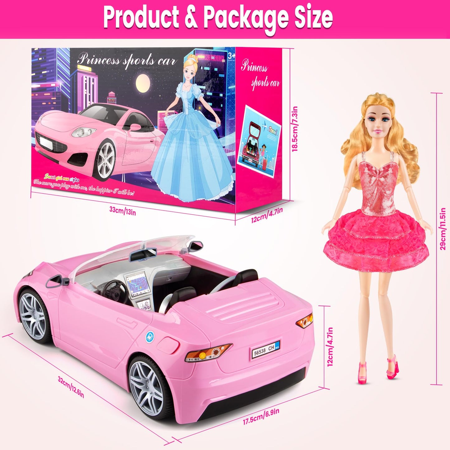 76 Pcs Doll & Convertible Car Playset,Included 11.5 in Dol-l,Car,Princess Dresses,Fashion Dresses,Casual Clothing,Swimsuits,Bags,Shoes,Doll Playset,Doll Dress up Toys for Girls Kids Toddlers Gifts