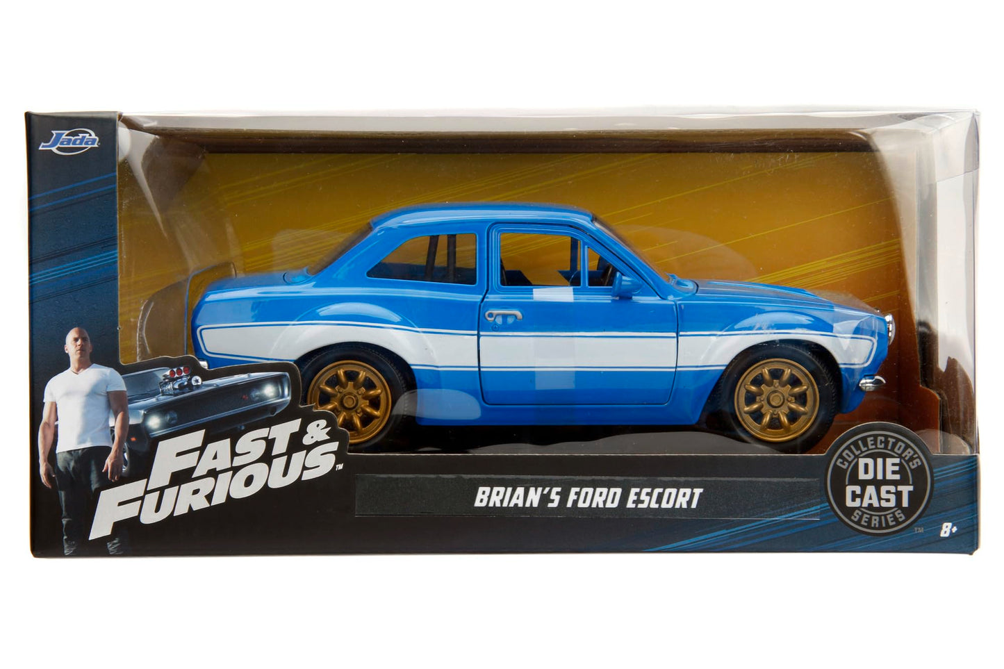 Jada Toys Fast & Furious Movie 1970 Brian's Ford Escort Blue with White Stripes, 1/24 Diecast Model Car