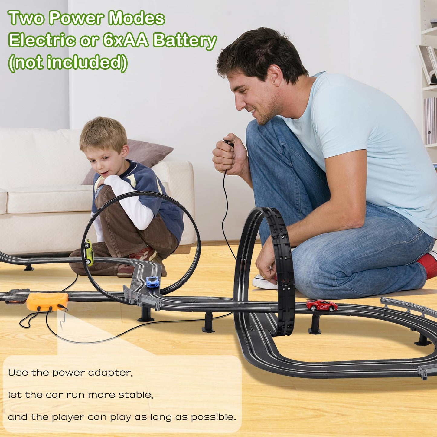 Slot Car Race Track Sets, 23ft Battery Powered or Electric Track with 4 Slot Cars, Dual Racing Game Lap Counters, Race Track Set Features a Loop, Turns, Straightaways and a Crossover for Boys Age 6-12