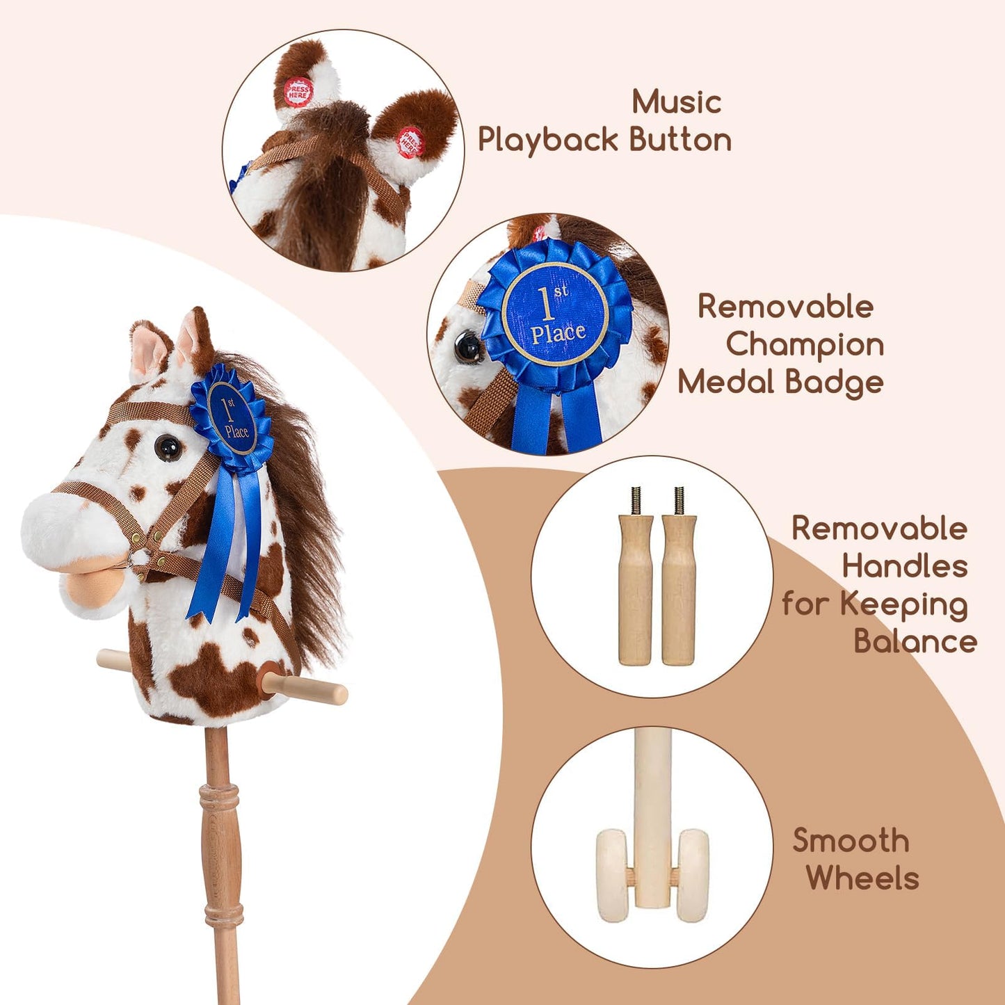 HollyHOME Stick Horse Plush with Detachable Blue Ribbon Champion Hobby Horse on Stick with Wood Wheels Real Pony Neighing for Kids Toddlers Appaloosa 36 Inches(AA Batteries Required)