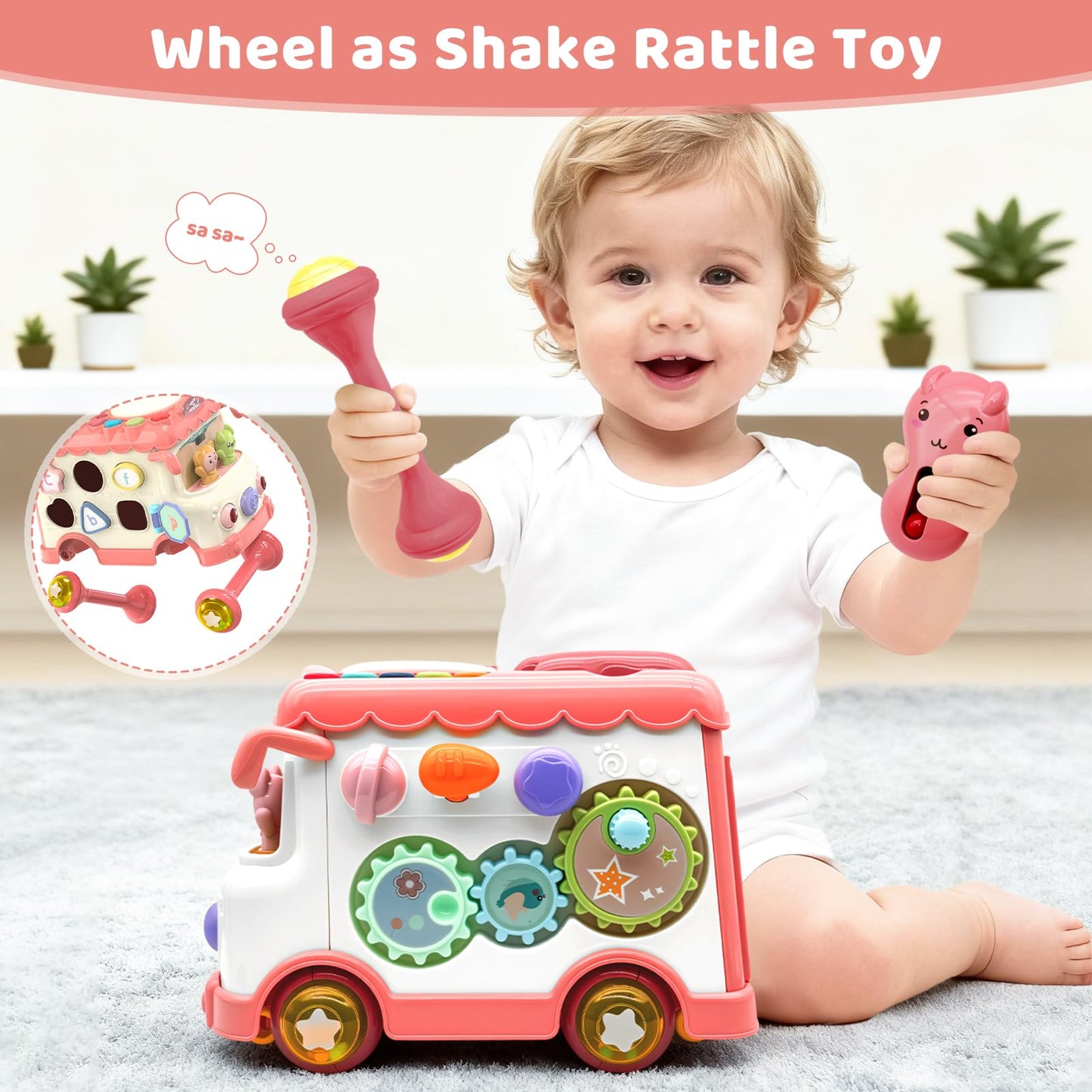 DELUTIQUE Baby Bus Toy for 1 Year Old Girl Gifts, Montessori Musical Bus Toy for Baby 12-18 Months, Baby Piano Drums for Toddlers 1-3, Shape Sort Toys 1st Birthday Gifts for Girls