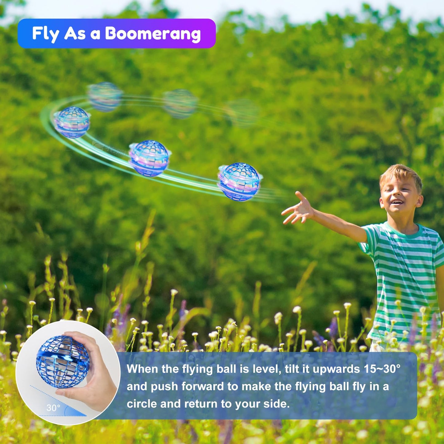 Kidsjoy Flying Ball Toys, Upgraded Rechargeable Hand Controlled Spinner 360°Rotating Built-in LED Mini Orb Drone Flying Boomerang Balls Gifts Choice for Boys Kids Adults Indoor Outdoor (Pink)