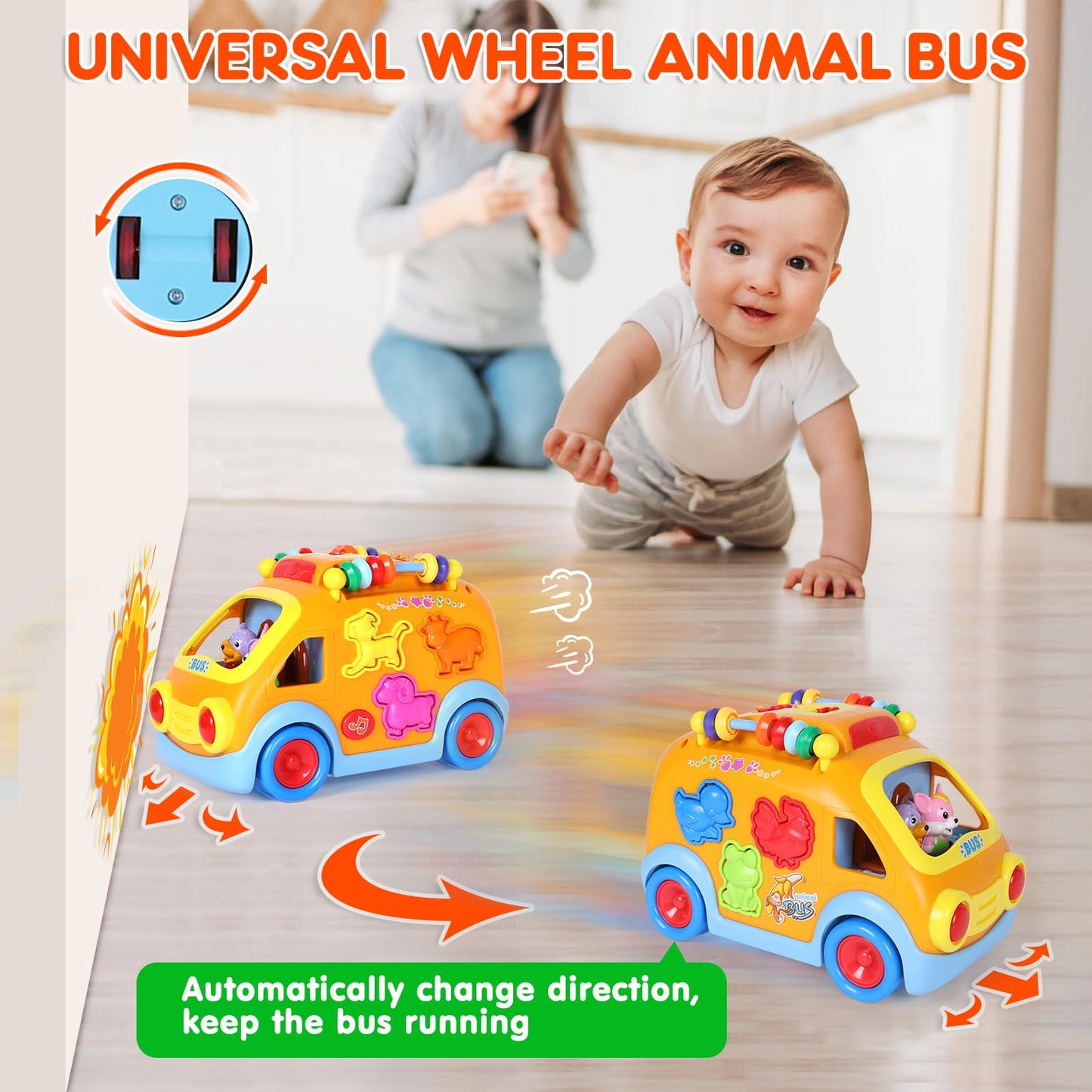 Toy Cars for 2 Year Old Boy Toys, Baby Boy Gifts, Musical Learning Crawling Toys for Toddlers 2-3, Educational Baby Bus with Animal Blocks, Christmas Birthday Gift for 2 3 4 Year Old Boys Girls Kids