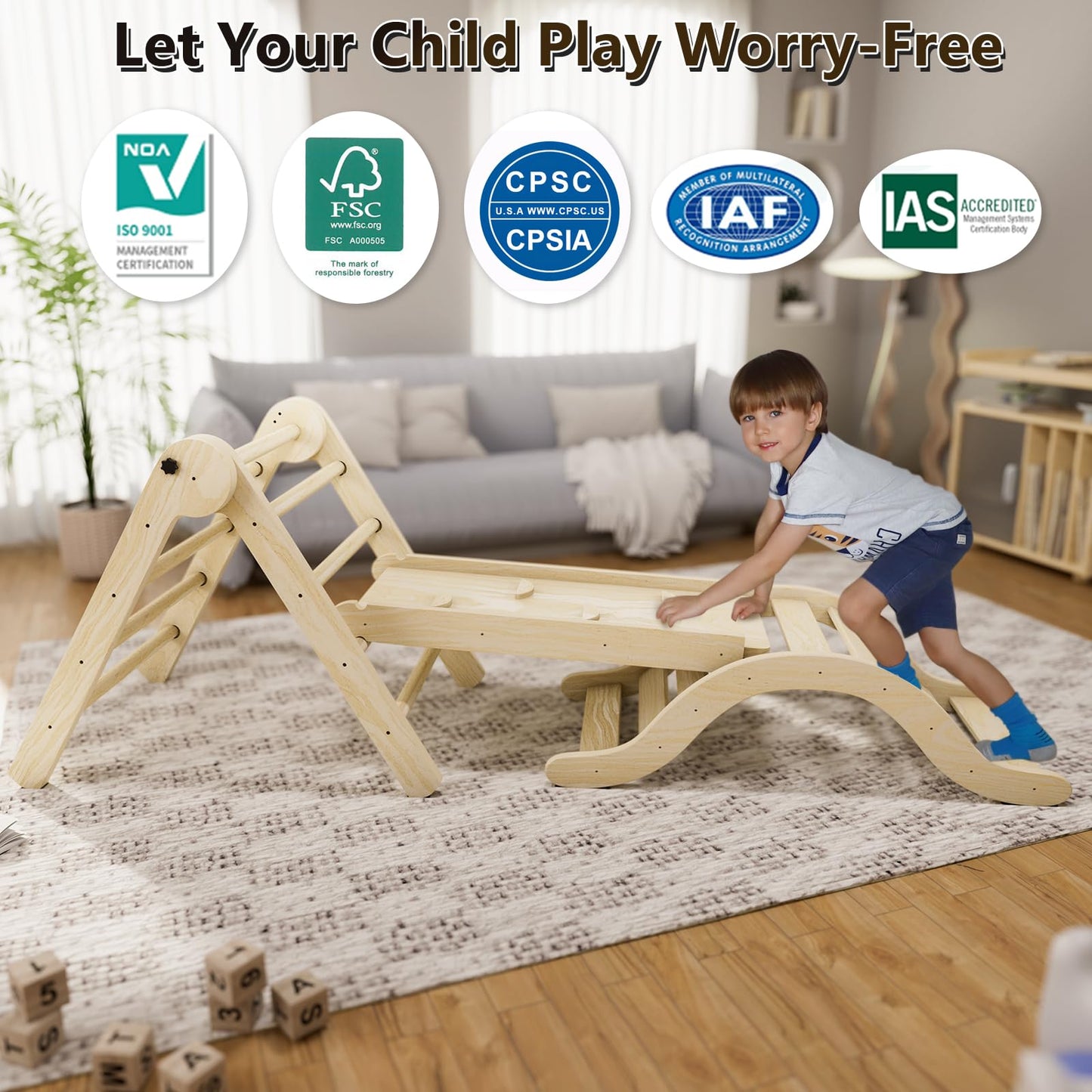 bbgroundgrm Pikler Triangle Set Climber 5 in 1, Toddler Climbing Toys Indoor Folding with Ramp & Arch for Montessori Play Gym for Toddlers and Kids (Natural)(99" Wx21 Dx23 H)