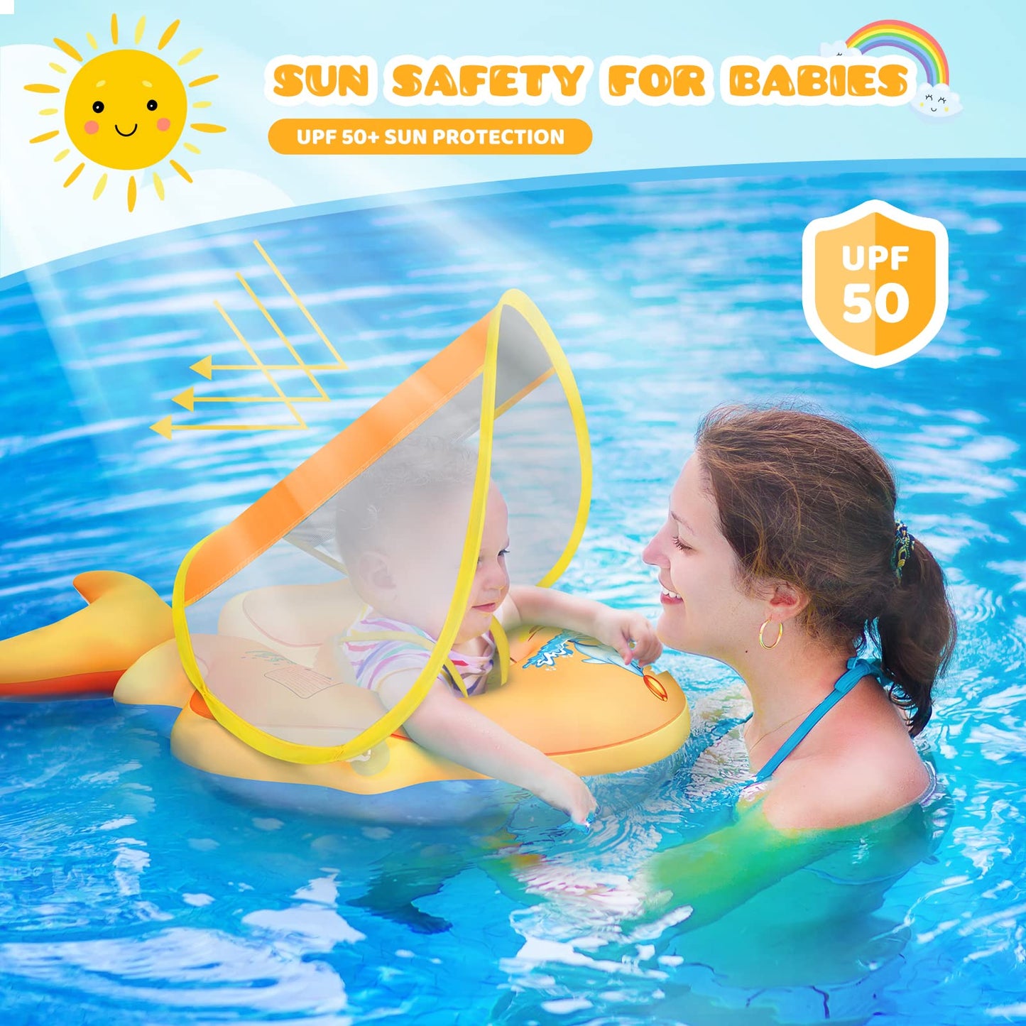 No Flip Over Baby Pool Float with Canopy UPF50+ Sun Protection, Sponge Safety Support Bottom, Fun Gifts Water Toys Accessories Inflatable Baby Swim Floats for Pool 3-36 Months