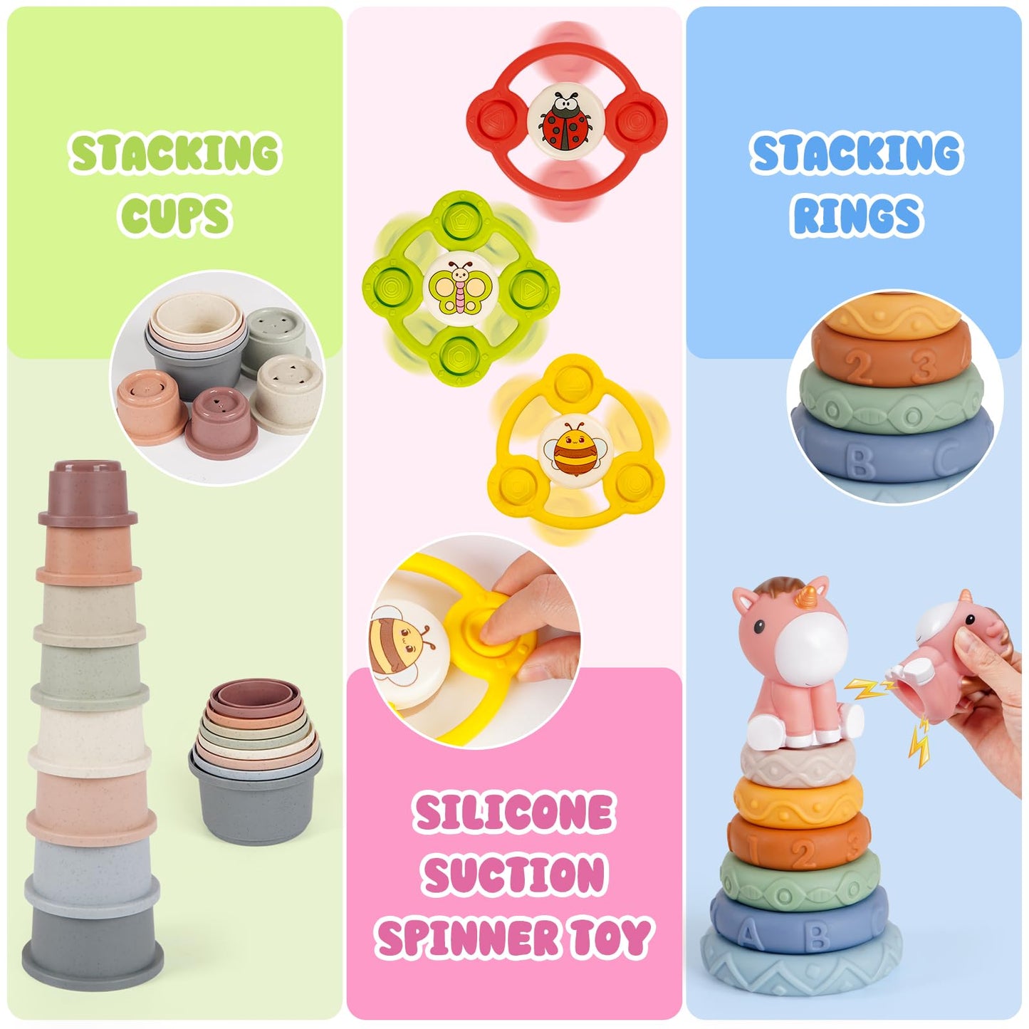 Wowlyntoy Montessori Toys for Babies 6-12-18 Months 6 in 1 Infant Toy Stacking Cups, Shape Sorter Box, Suction Spinner, Building Blocks Ring, Tissue Box, Learning Gift for Toddler 1 2 3 Year Old