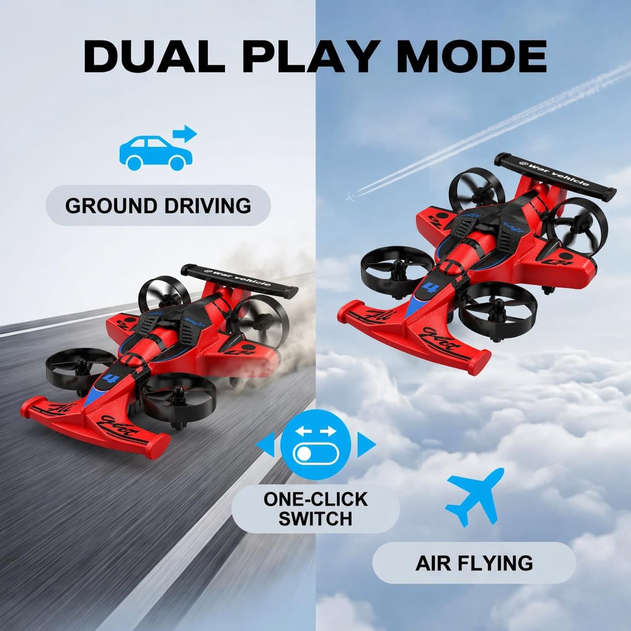 WAWALOL RC Flying Car and Airplane Toy, Toys for Boys and Girls, Jet-Style Helicopter Drone with 360° Flip Capability, Stunt Racing Aircraft, Gifts for Boys and Girls Ages 4, 6, 8, 12