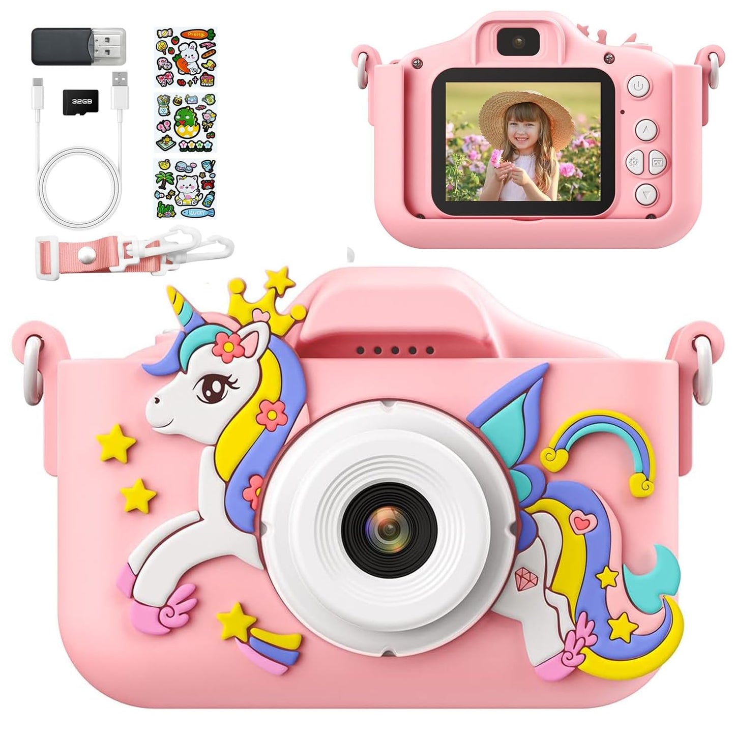Pink Unicorn Kids Camera, Digital Camera for Toddler Boys Girls Children Selfie Camera Toy with 2 Inch Screen, 32GB Card for Age 3-12 Birthday (A Pink Unicorn)