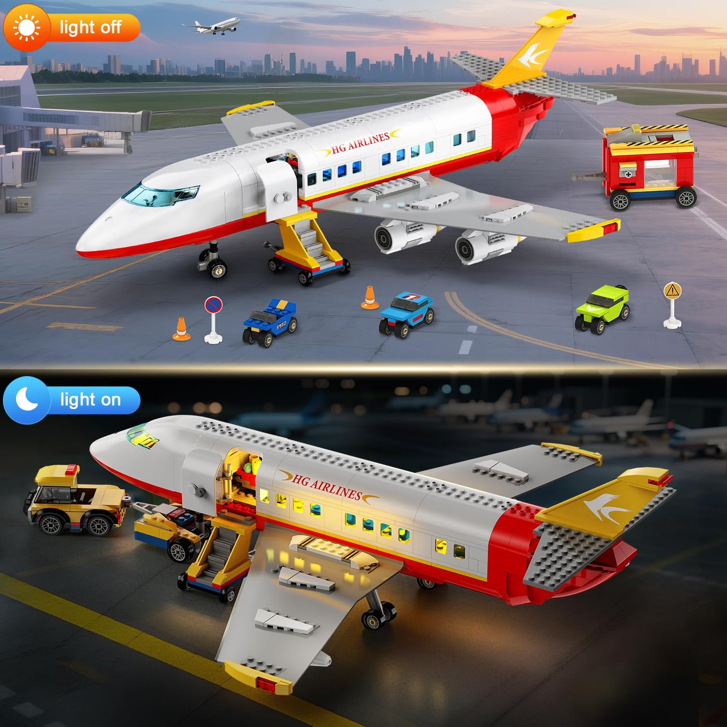 HOGOKIDS 2 Style City Airplane Building Set with LED Light - Plane Building Blocks Switch Passenger Cargo Projectile Toy with 3 Cars, Planes Model Toys Valentines Gifts for Kids Boys Girls Age 6-12+
