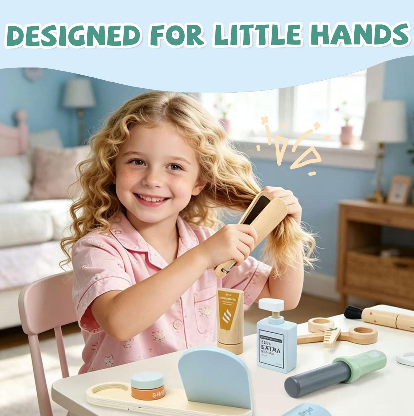 Wooden Makeup Toy Set -Hair Salon Toys - Kids Pretend Play -Beauty Salon Hair Kit - Functional Stylist Accessories with Hair Dryer Curling Iron - Christmas & Birthday Gift for Children