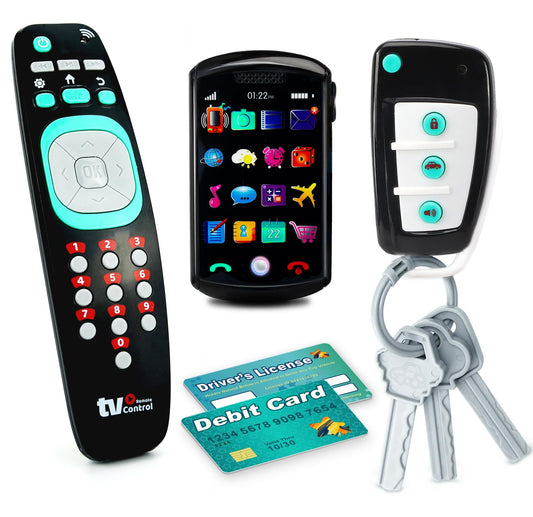 Pretend Play Playset for Toddlers Babies, Musical Toys with Light and Sound for Boys and Girls, TV Remote Control and Smart Phone Toys and Car Remote and Playing Key with Cards Toy Set