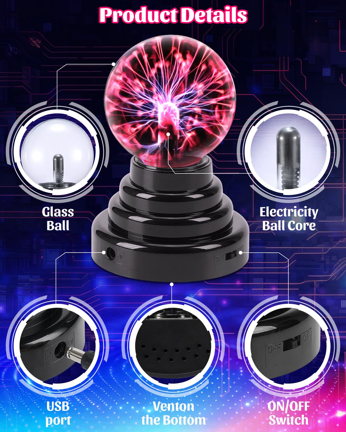 Theefun Plasma Ball, 3 Inch Plasma Lamp, Touch Sensitive Plasma Globe USB or Battery Powered Nebula Thunder Lightning, Novelty Toy for Kids, Parties, Prop, Bedroom, Home, Decoration