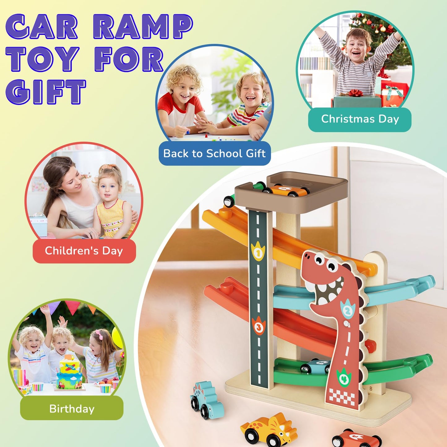 Paisure Wooden Car Ramp Toy for Toddlers 1-3, Montessori Toy with 6 Cars (Dinosaur & Racing), 4-Level Car Ramp Race Track, Toddler Toy & 1 Year Old Birthday Gift