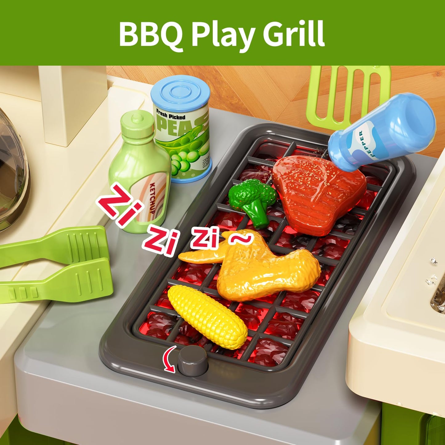 Pupu Pig Kids Kitchen Playset, Play Kitchen with Toy Stove, Grill, Sink, Play Food, ToyKitchen Accessories, Kitchen Interactive Play with Lights Sound Steam, Cooking Toys for Toddler Kid Gifts