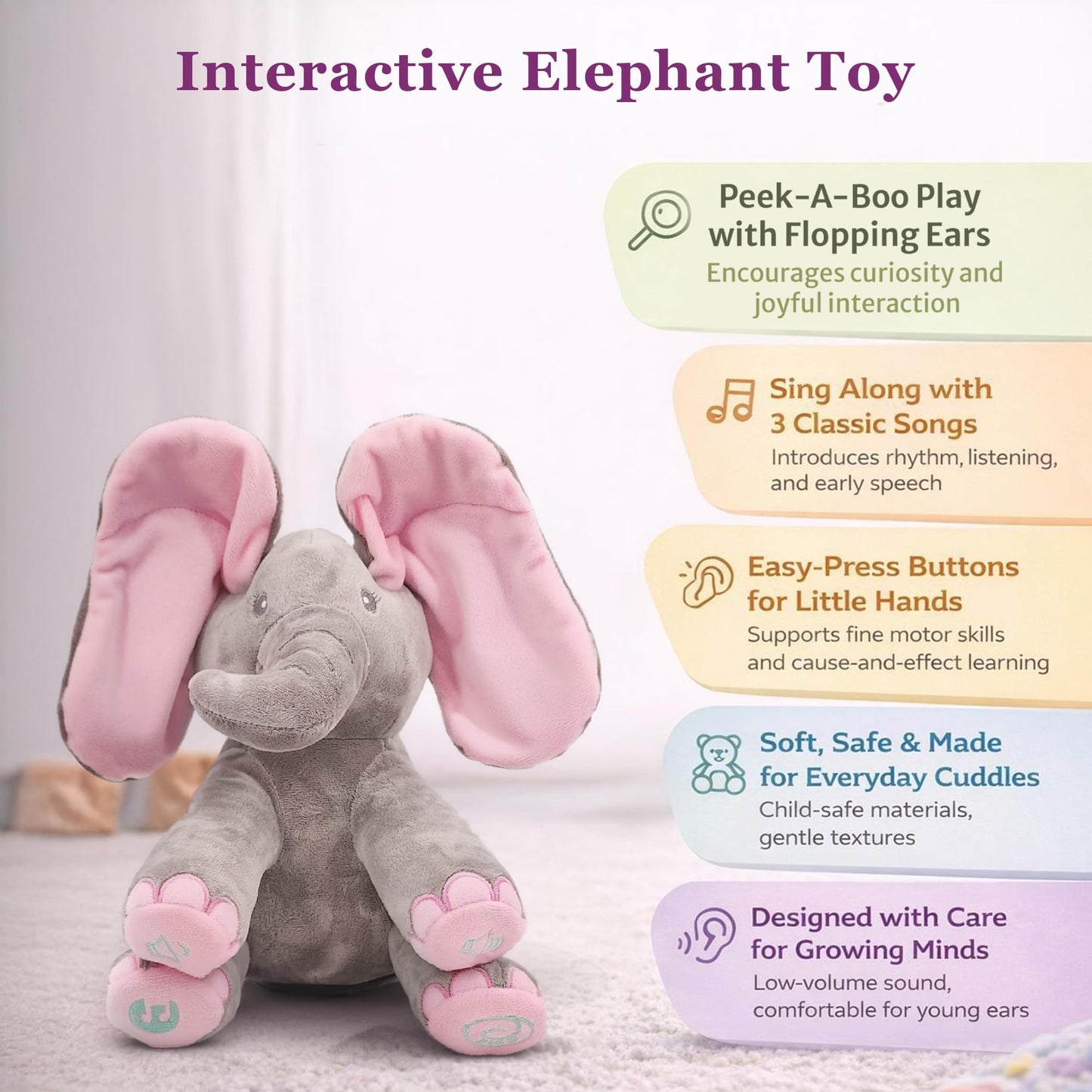 Dimple Kaia Peek A Boo Elephant Toy, Interactive Singing Stuffed Animal Plush with Moving Ears, Musical Stuffed Animal for Babies and Toddlers, Adorable Elephant Baby Toy