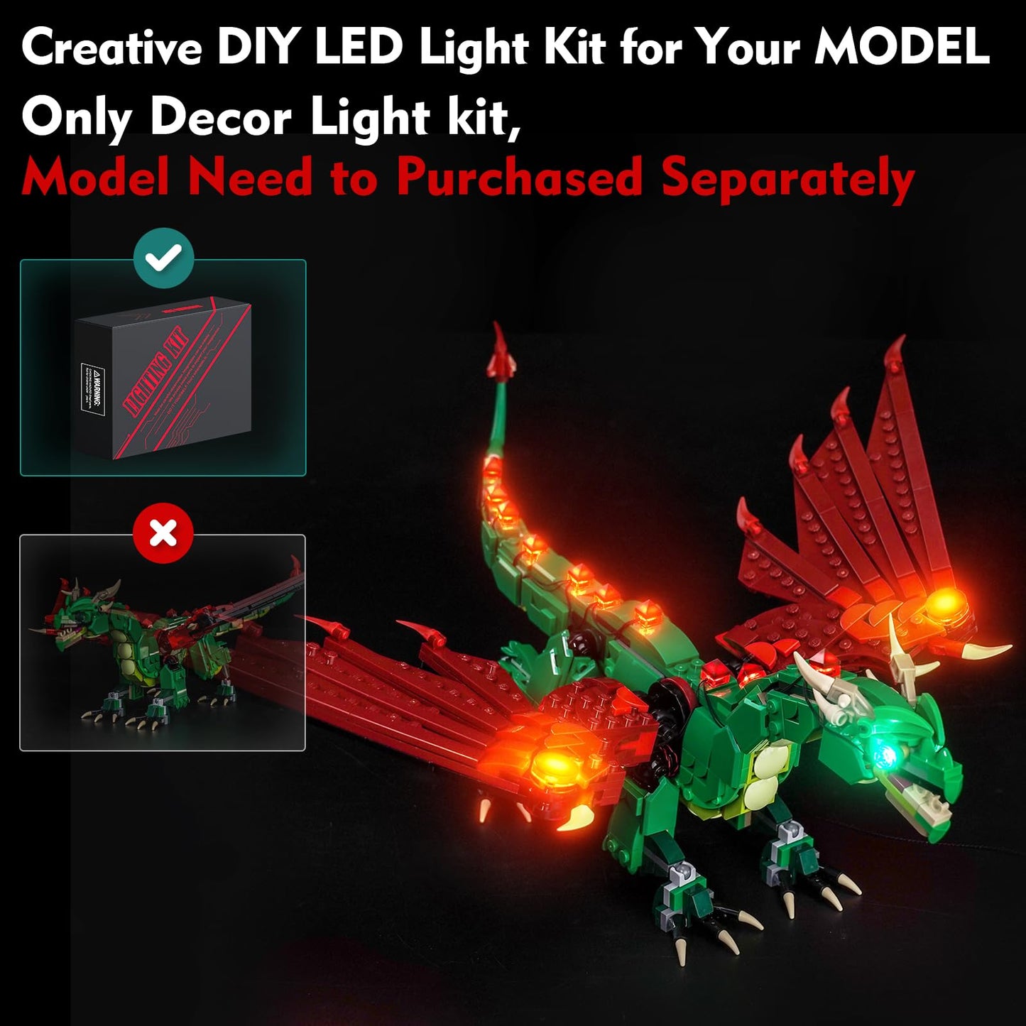 LocoLee Light kit Compatible with Lego Medieval Dragon - No Model Only Light, LED Lighting Accessories Compatible with Lego Medieval Flying Dragon 31161