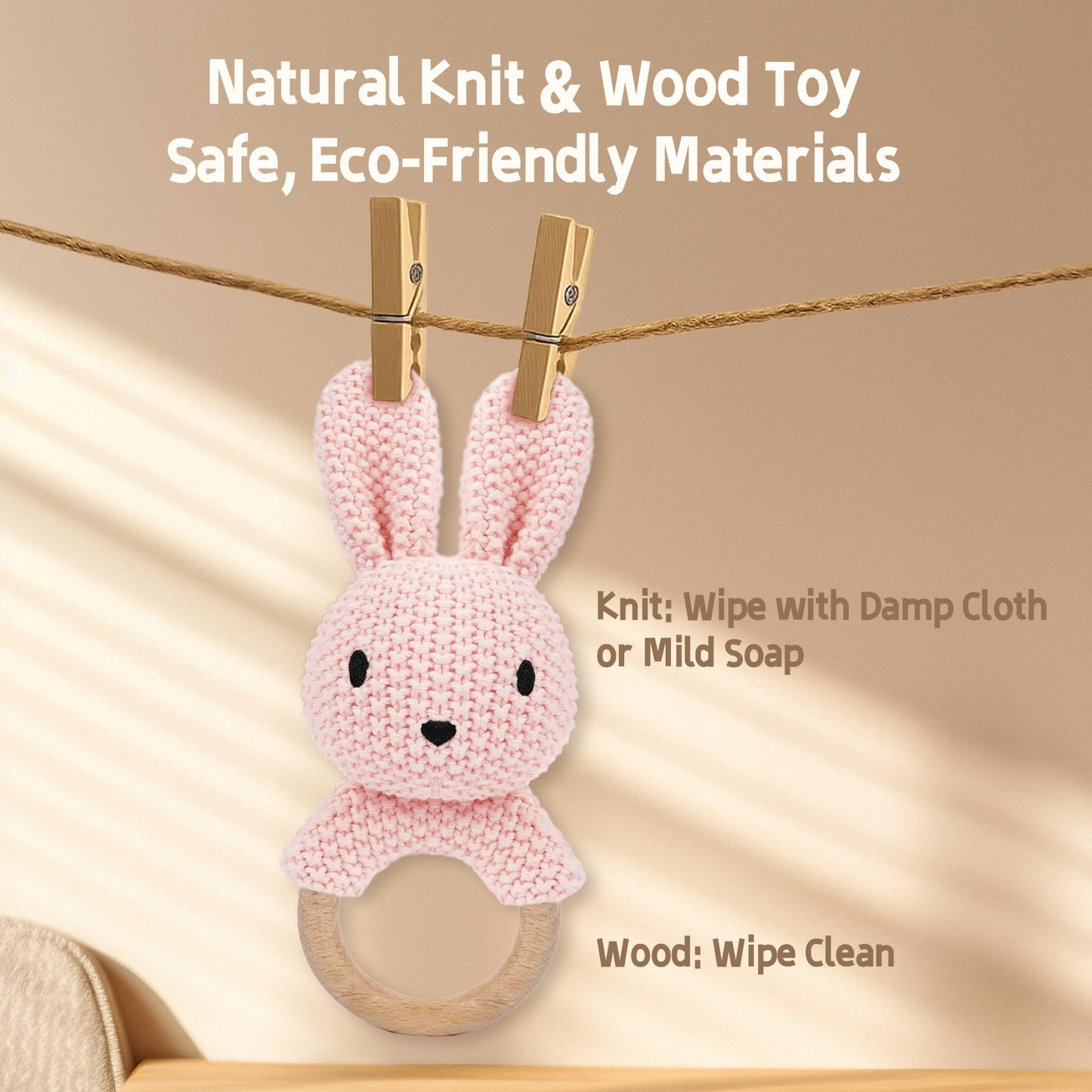 JUSTQUNSEEN Baby Rattle Teether Bunny Pink Crochet Rabbit Toy for Baby Girl Handmade Knitted Easy Grip Wood Handle for Gum Relief Woodland Animal Plush Stuffed Easter Basket Shower Gift Newborn