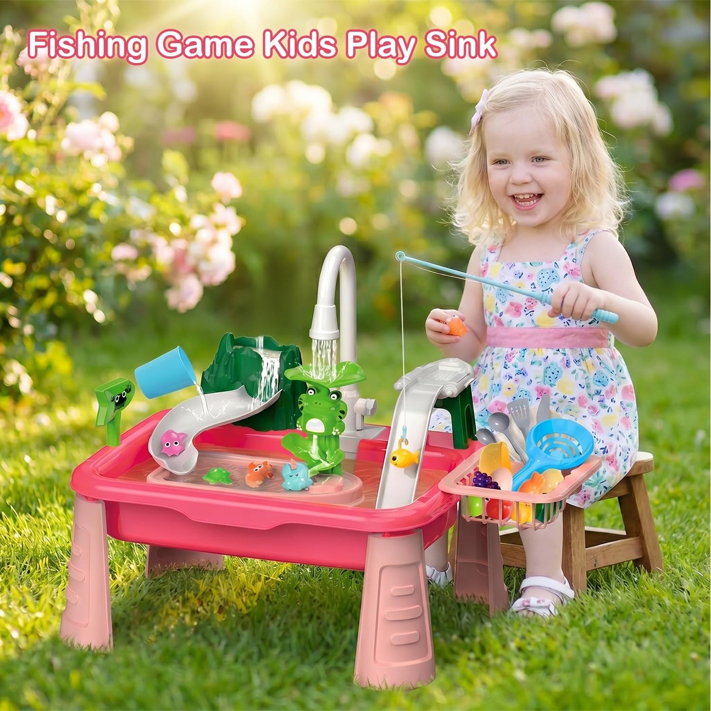 Hechify 2026 Upgraded Toddler Water Table, 4-in-1 Play Sink with Real Running Water & Pump, Kitchen Sink with Fishing Game, Outdoor Sensory Toys for Kids Toddler Baby Ages 1-3 4-8 (Red)